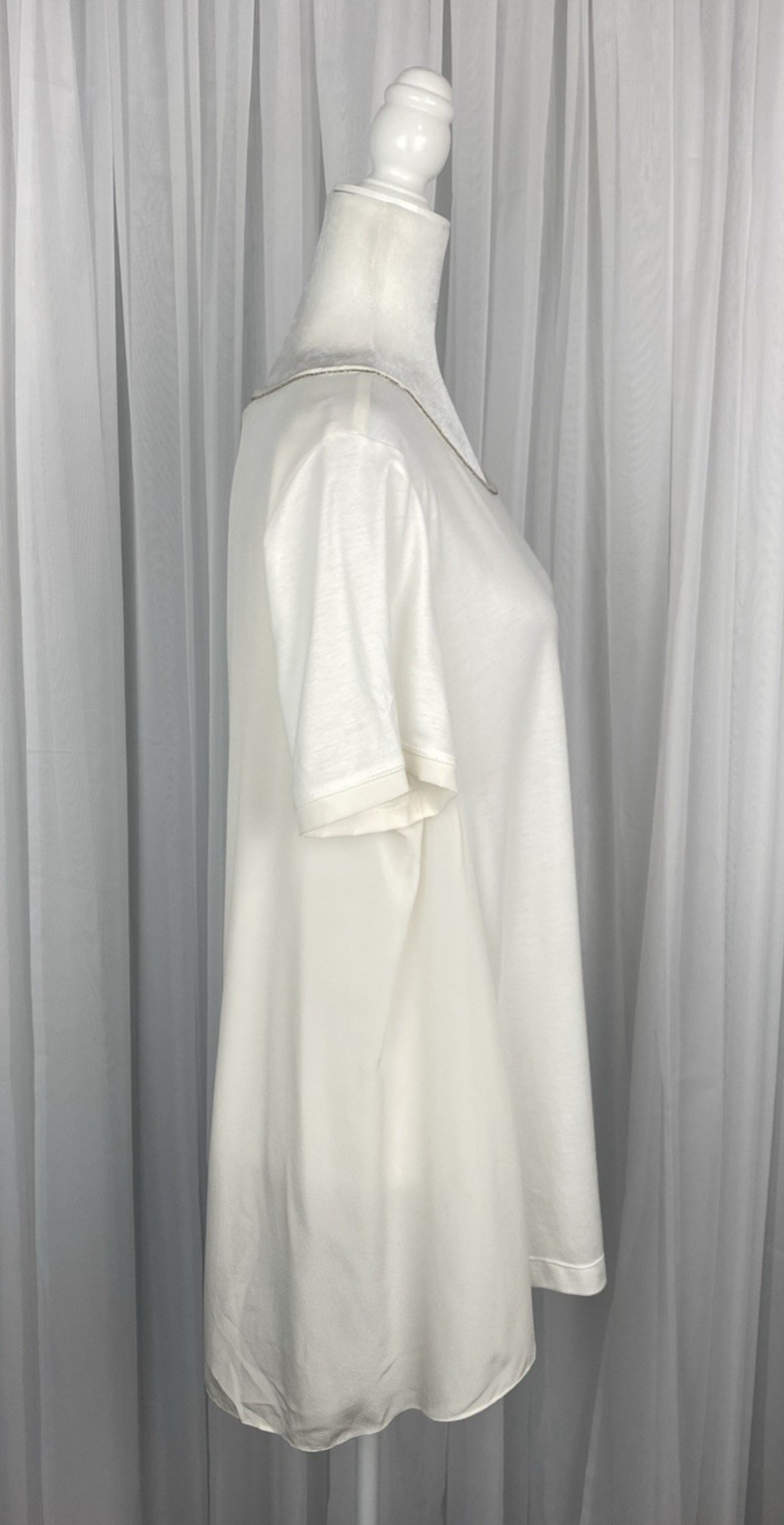 St John Size Large White Silk Contrast Flowing Knit Top Elegant Beaded Neckline