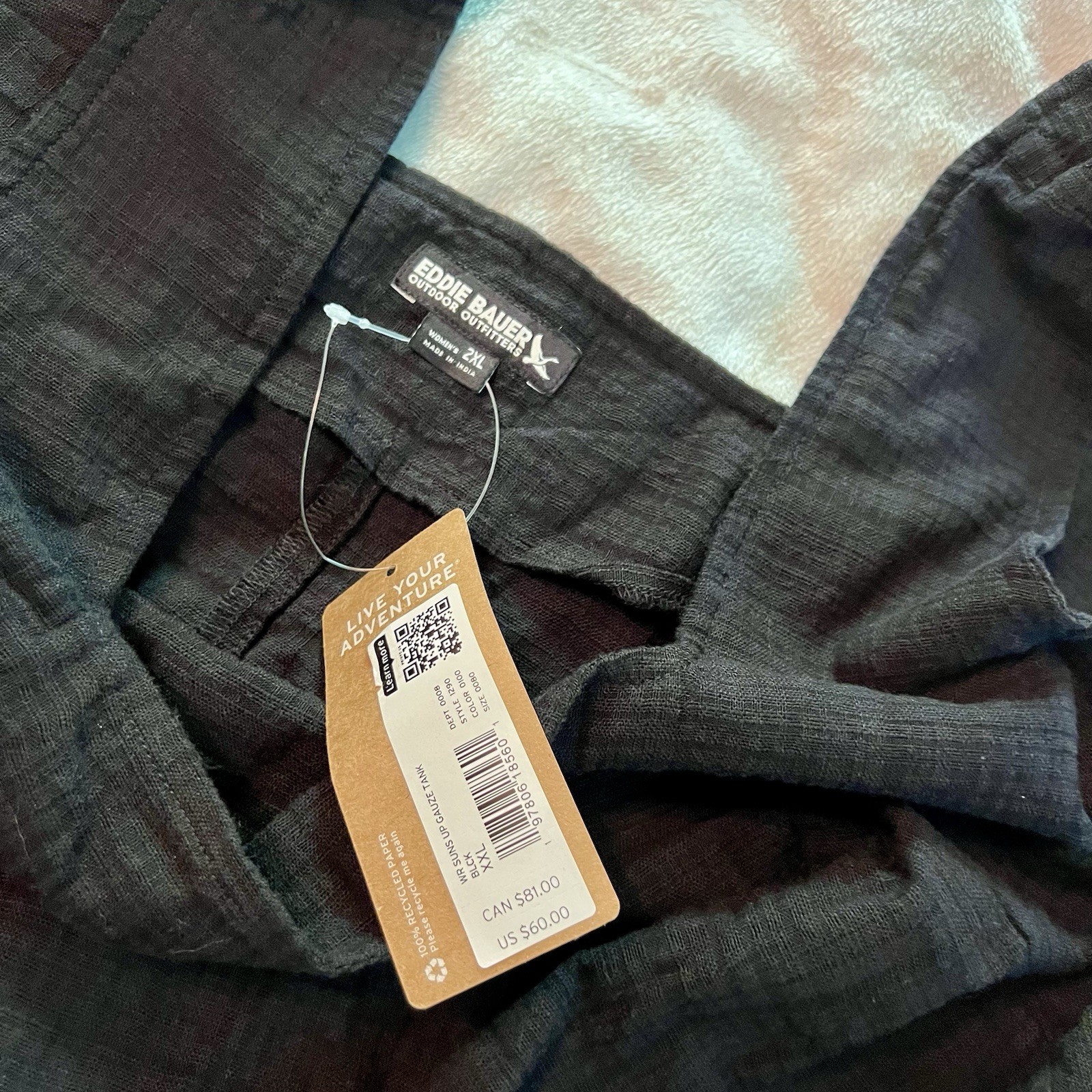 Eddie Bauer Women’s Black Crinkled Gauze Square Neck Boxy Tank Top Boho XXL