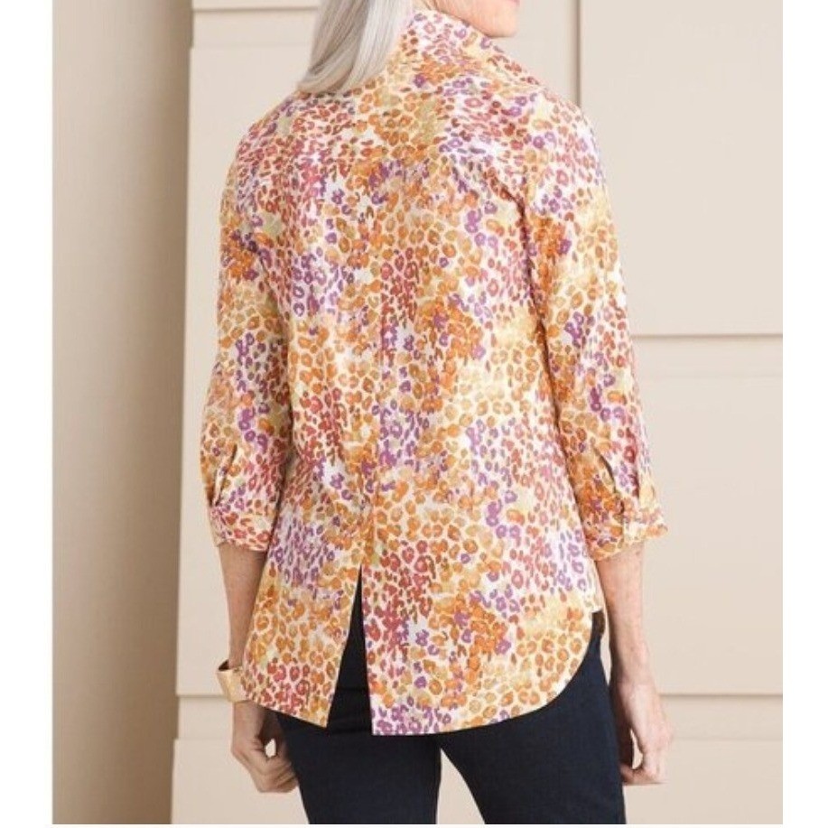 Chicos No-Iron Colorful Animal Print Back Button Popover Blouse Sz 3/XL 16-18
