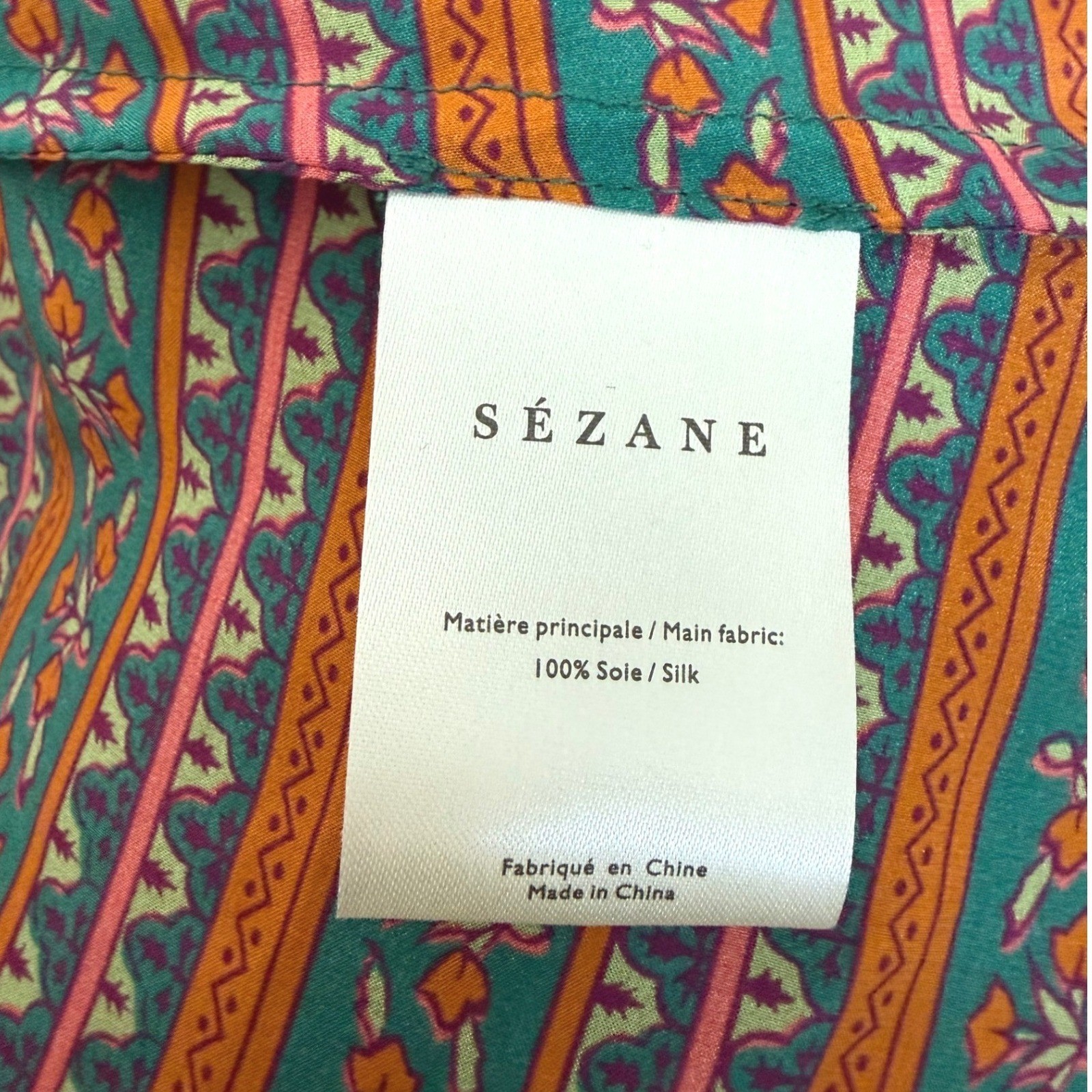 Sézane Ethel Blouse Havana Green Orange Stripes 100% Silk Top Size FR 38 US 6/M