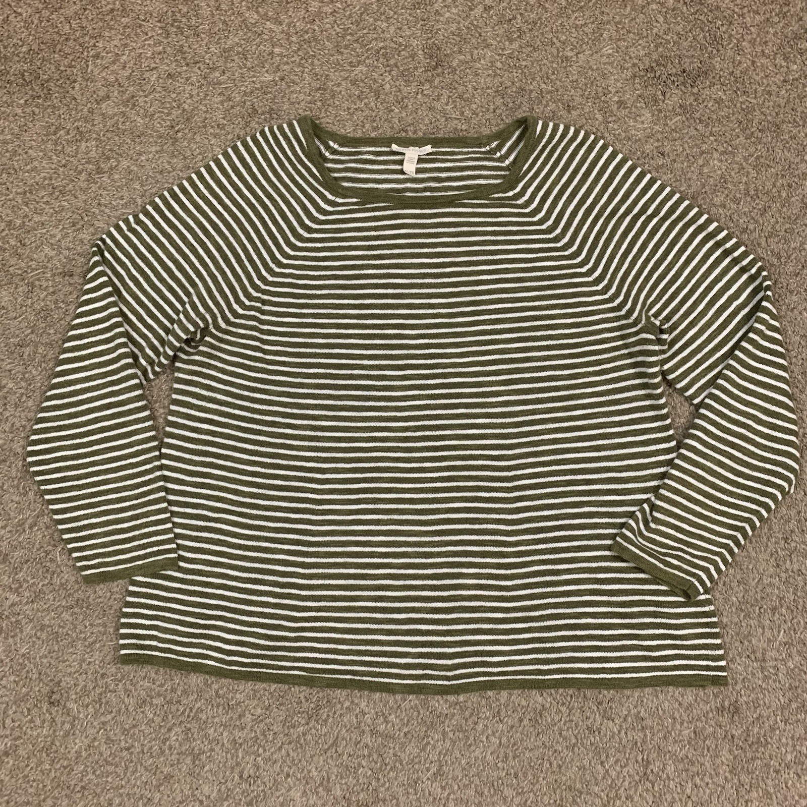 Eileen Fisher Top Womens XL Green Stripe Organic Linen Cotton Casual Long Sleeve