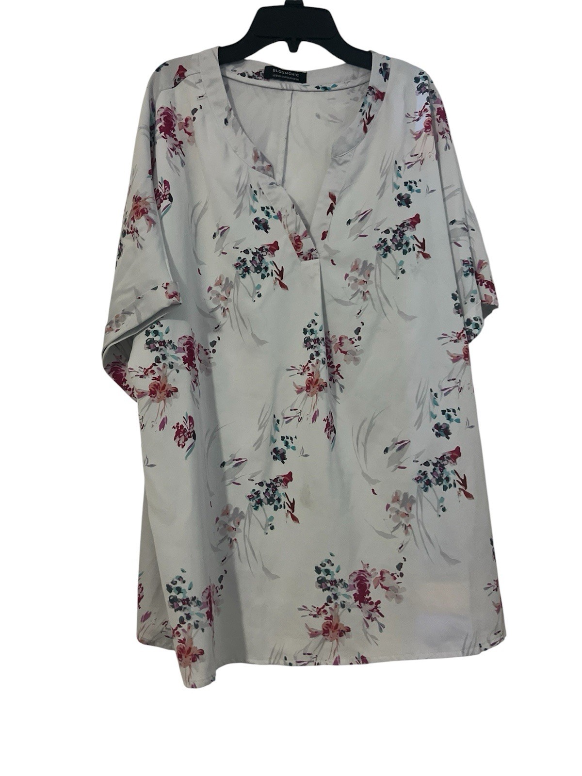 White Pink Purple Green Floral Short Sleeve V-Neck Tunic Blouse Women