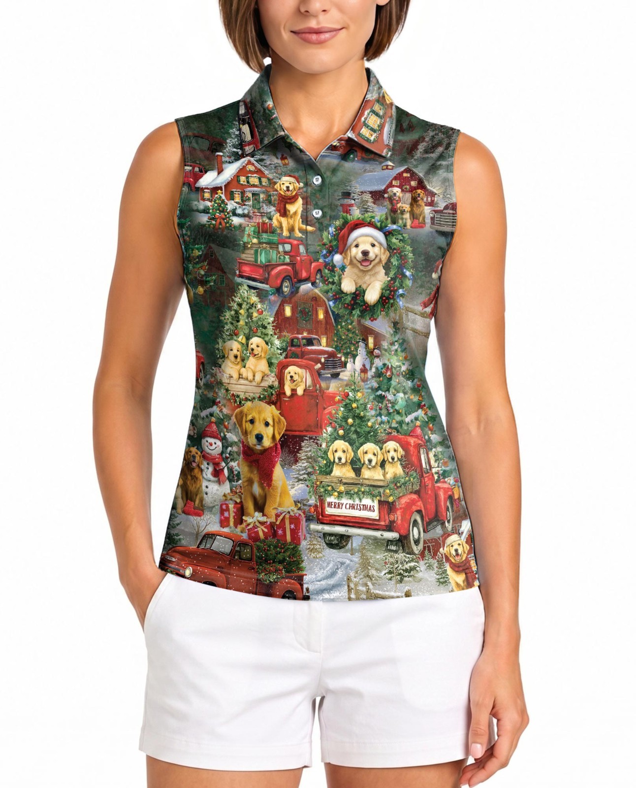 Golden Retriever Christmas Women’s Sleeveless Performance Polo Golf Tennis
