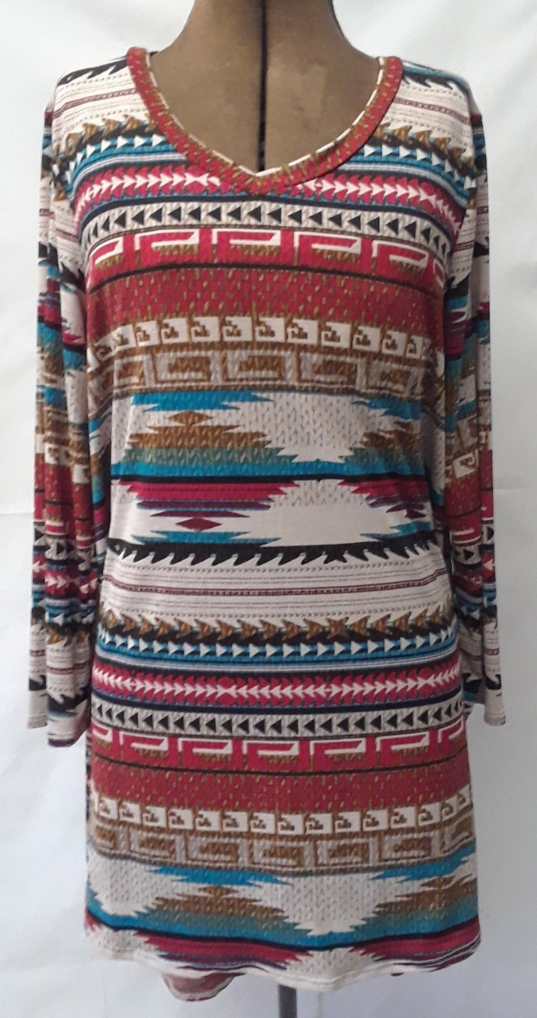 High Low Indian Theme V-Neck Quarter Sleeve Woman Size M Top NEW