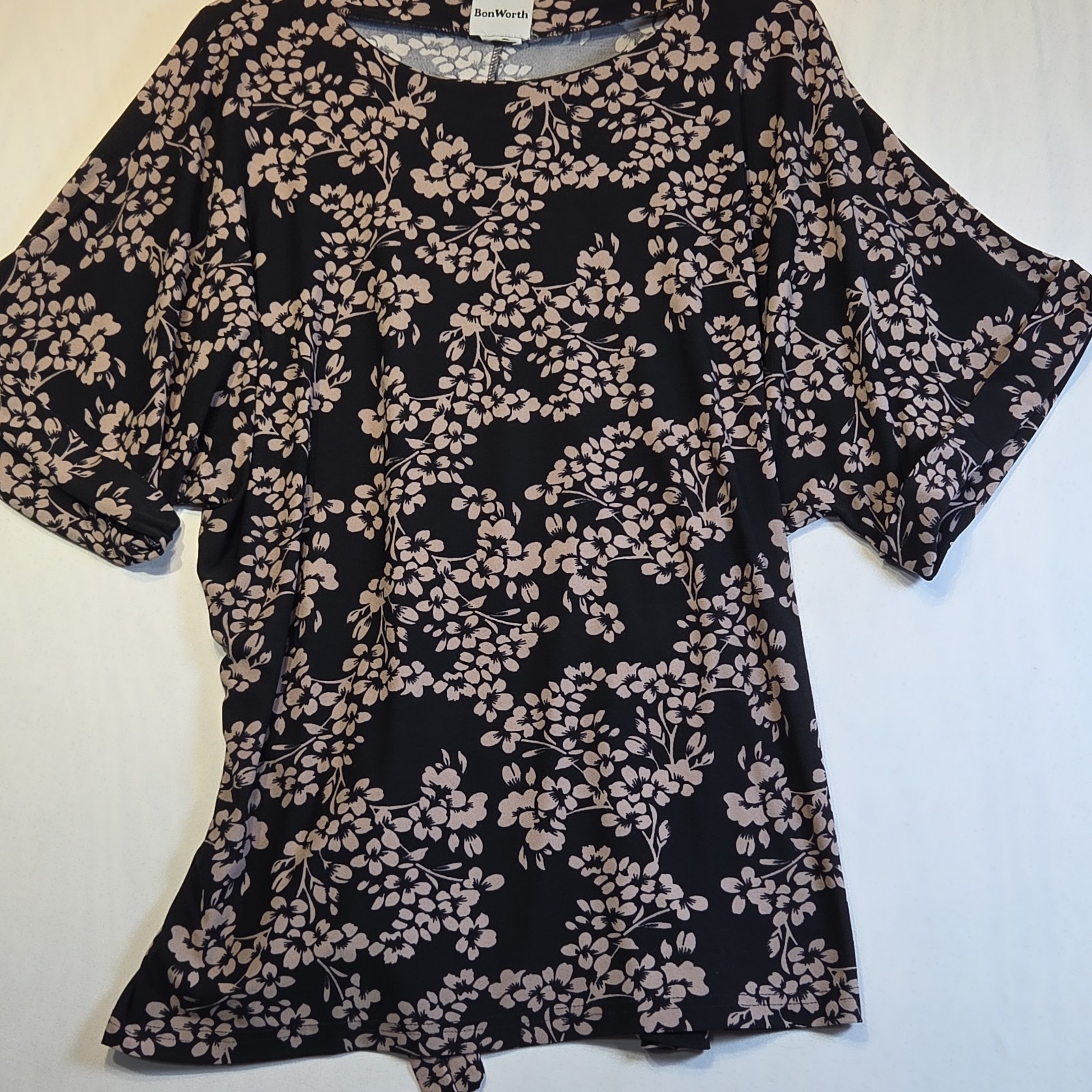 BonWorth Floral Blouse Black Brown Floral Tie Back 3/4 Sleeve Top Tag Removed