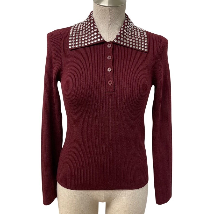 Sandro Elvis Sweater Womens 34 XS Burgundy Studded Collar Ribbed Wool Blend Long