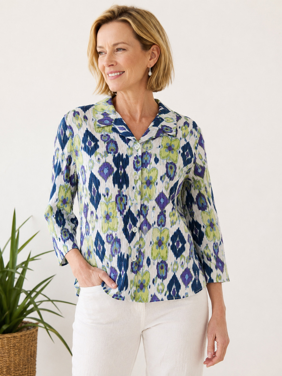 Habitat Textured Stretch Cotton Button Front Blouse | Size L | Ikat Print