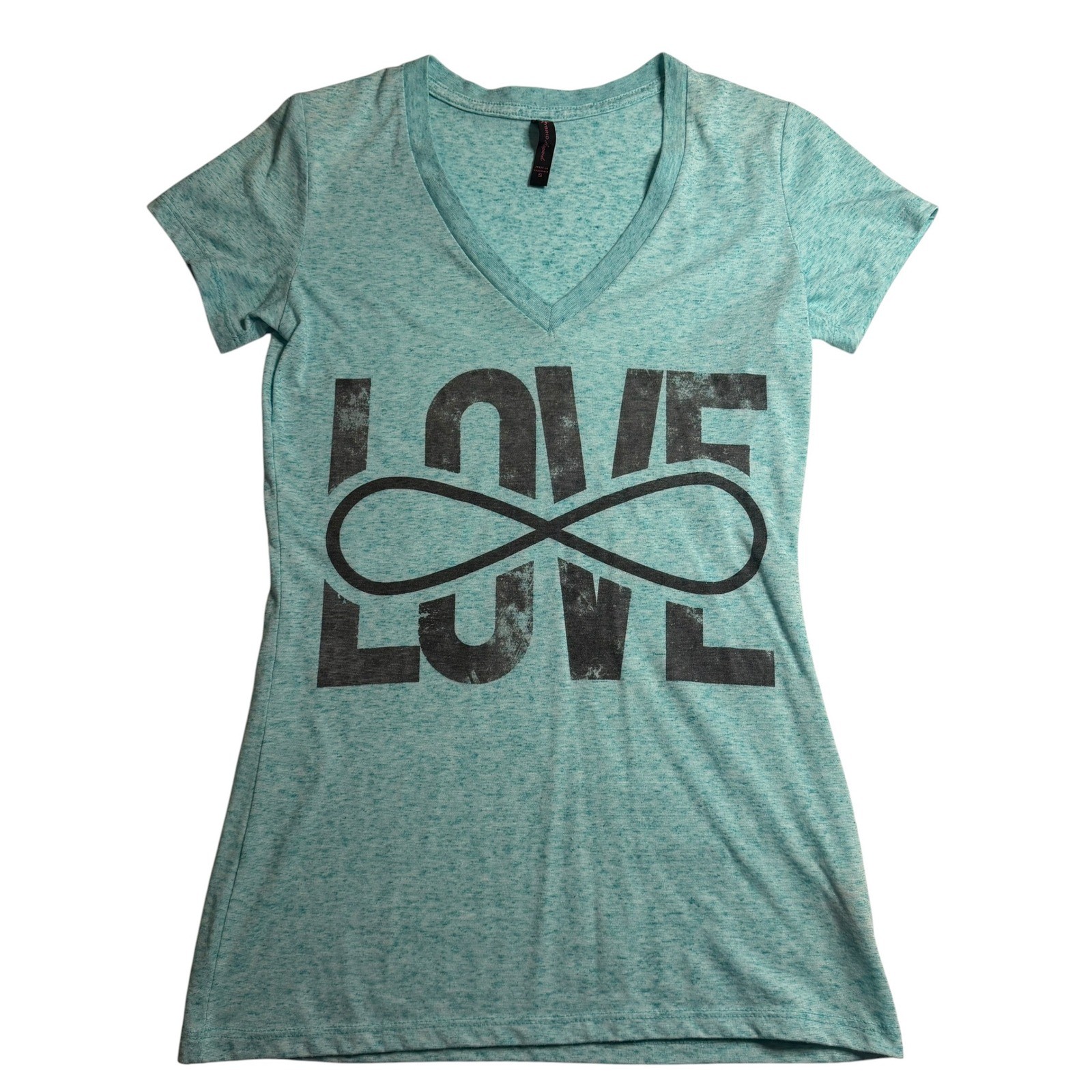 Hybrid Apparel V-Neck Tee Aqua Love Infinity Graphic Shirt Small Women Y2K 2000s
