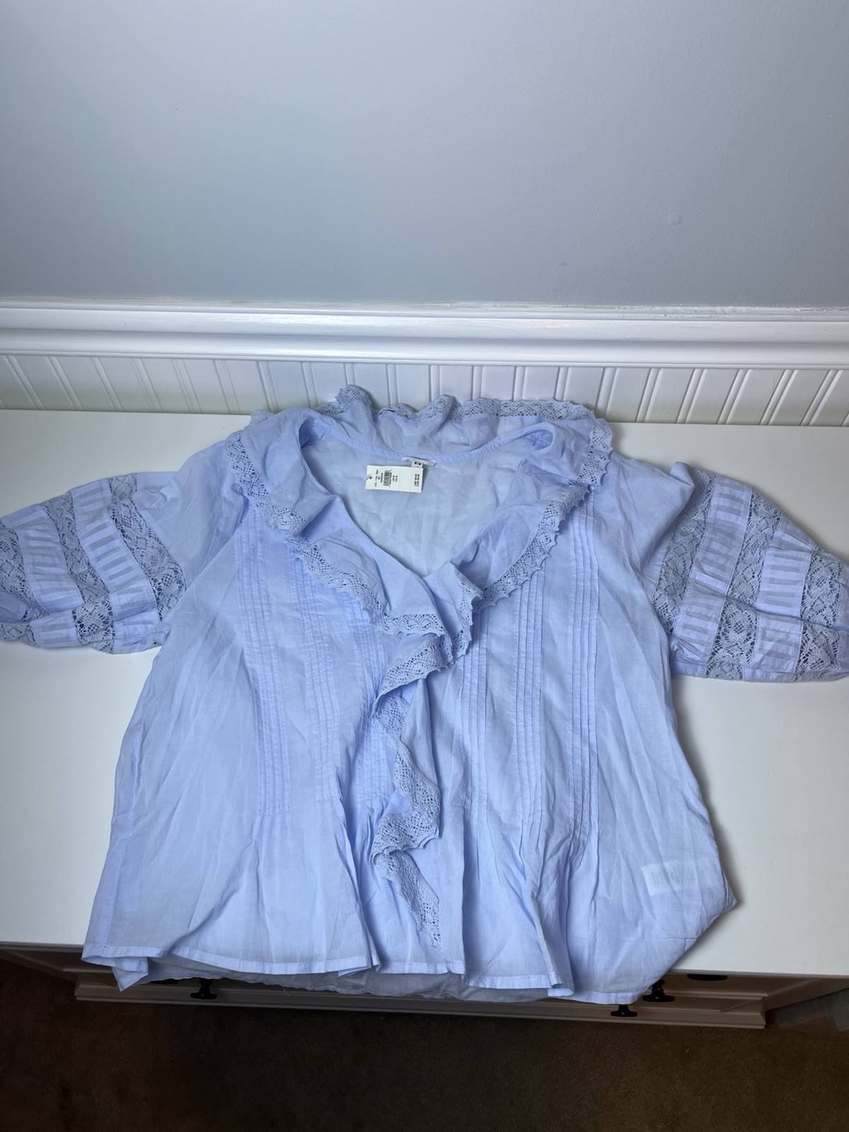 NWT Aerie Womens Light Blue Lace Trim Pintuck Ruffle V-Neck Blouse Top Size M