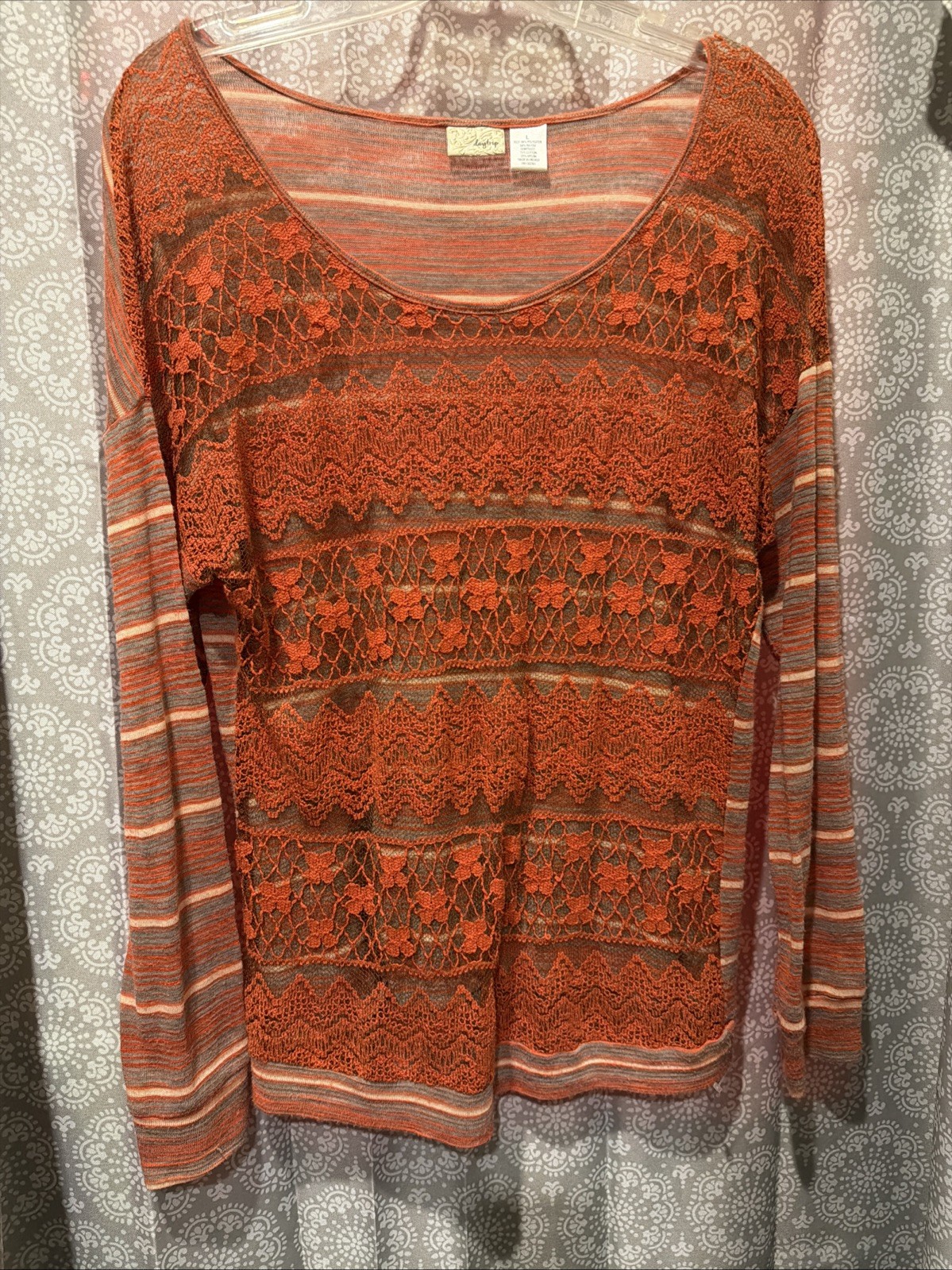 Buckle Daytrip Size Lg Lace Front Striped Sheer Top Long Sleeve Fall Orange