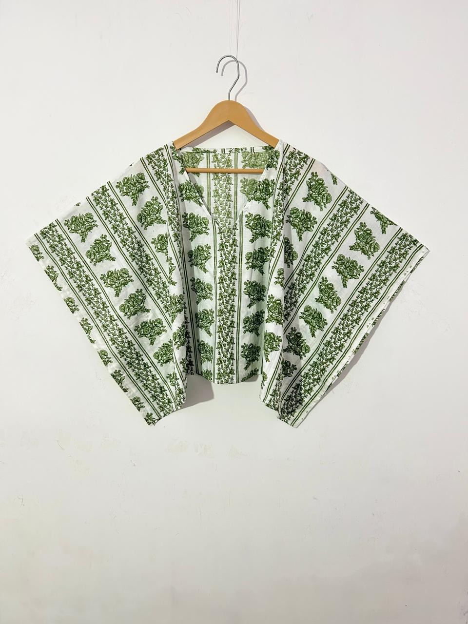 Indian Handmade Cotton Green Floral Women Short Kaftan Top Blouse Tunic Women’s