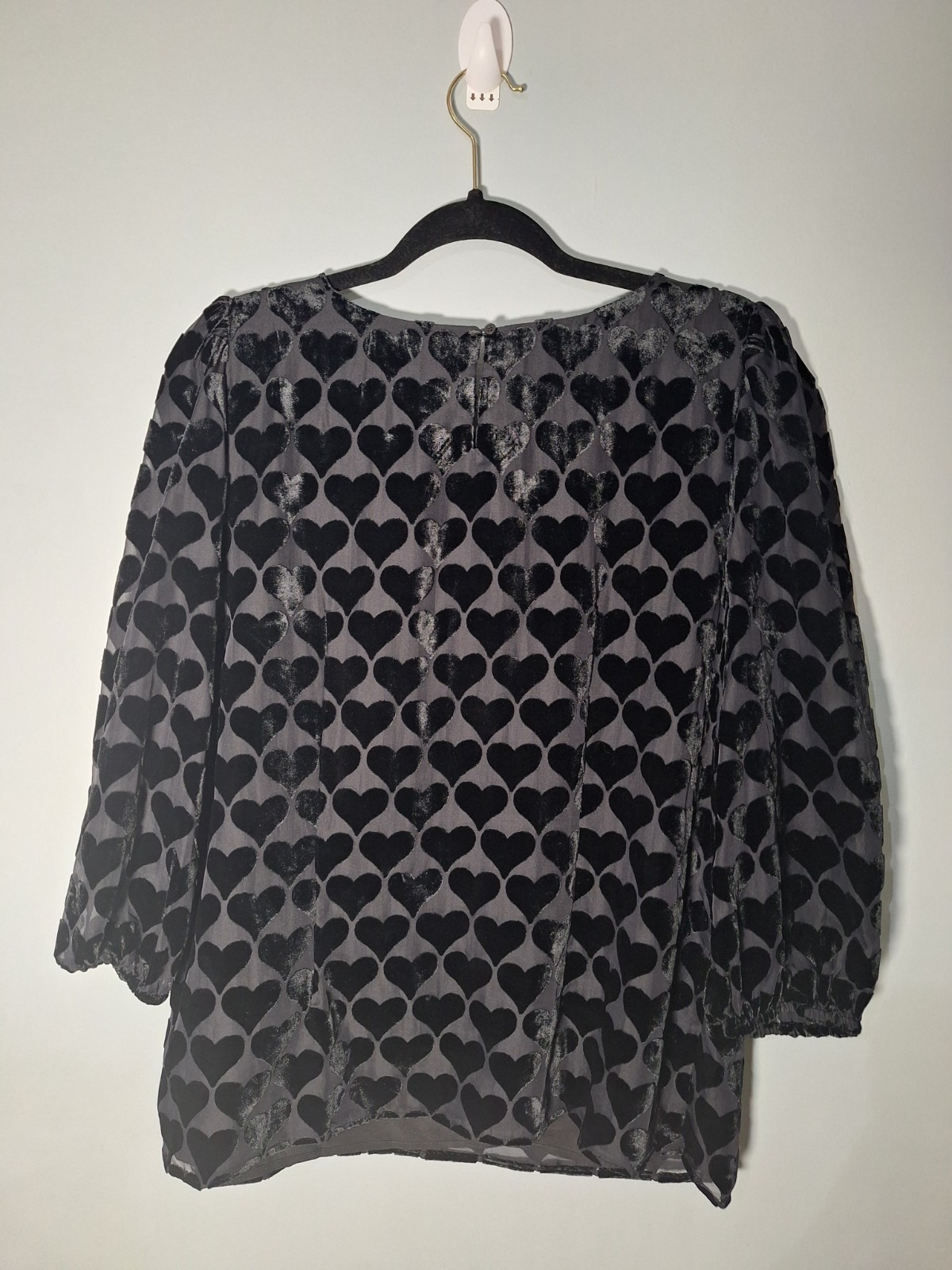 Talbots Velvet Burn Out Balloon Puff Sleeve Blouse Womens L Black Hearts Novelty