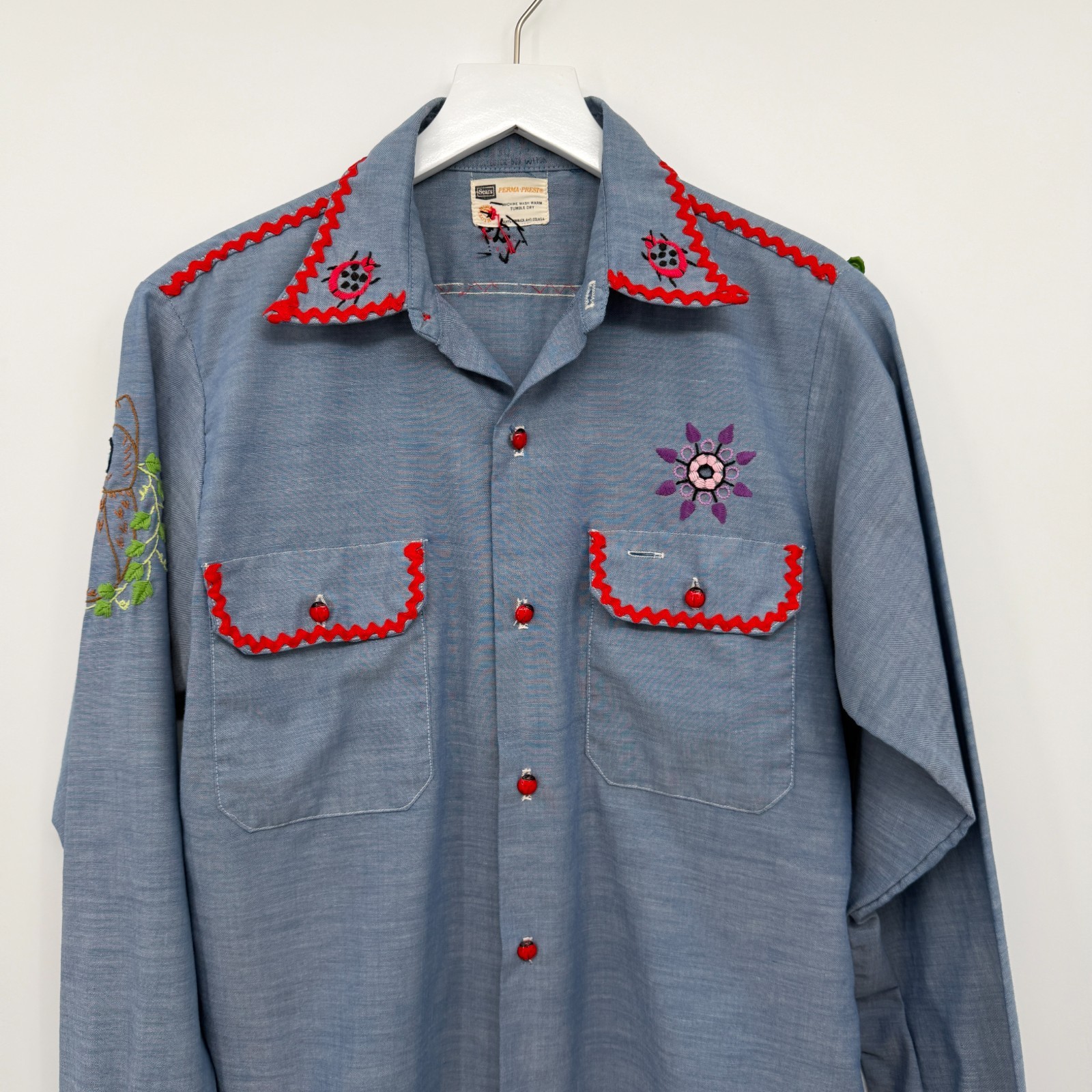 Vintage 70s Hand Embroidered Top Shirt S M Chambray Lady Bug Owl Floral USA