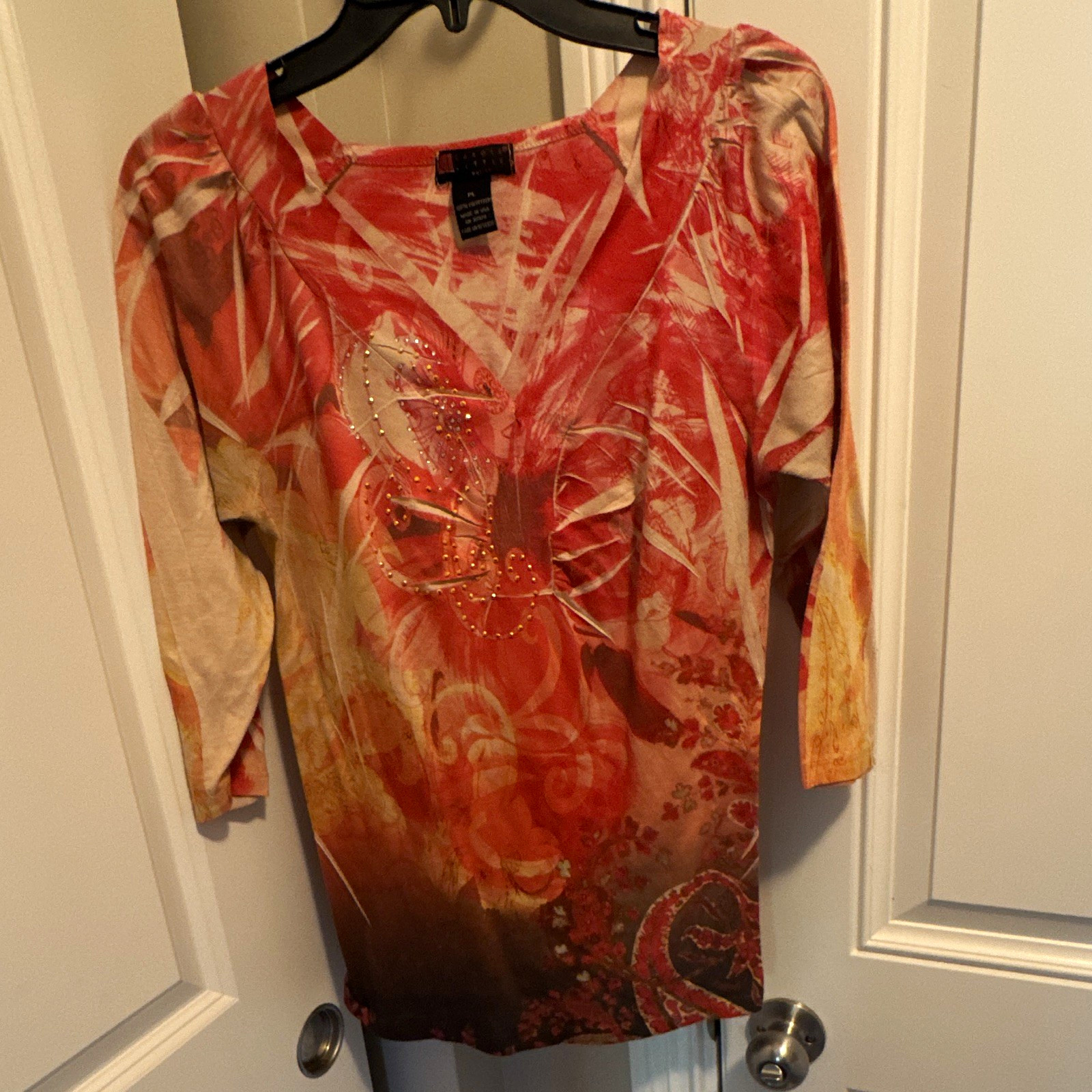 INC International Concepts Orange Floral V-Neck Rhinestone Top PL Petite. Boho