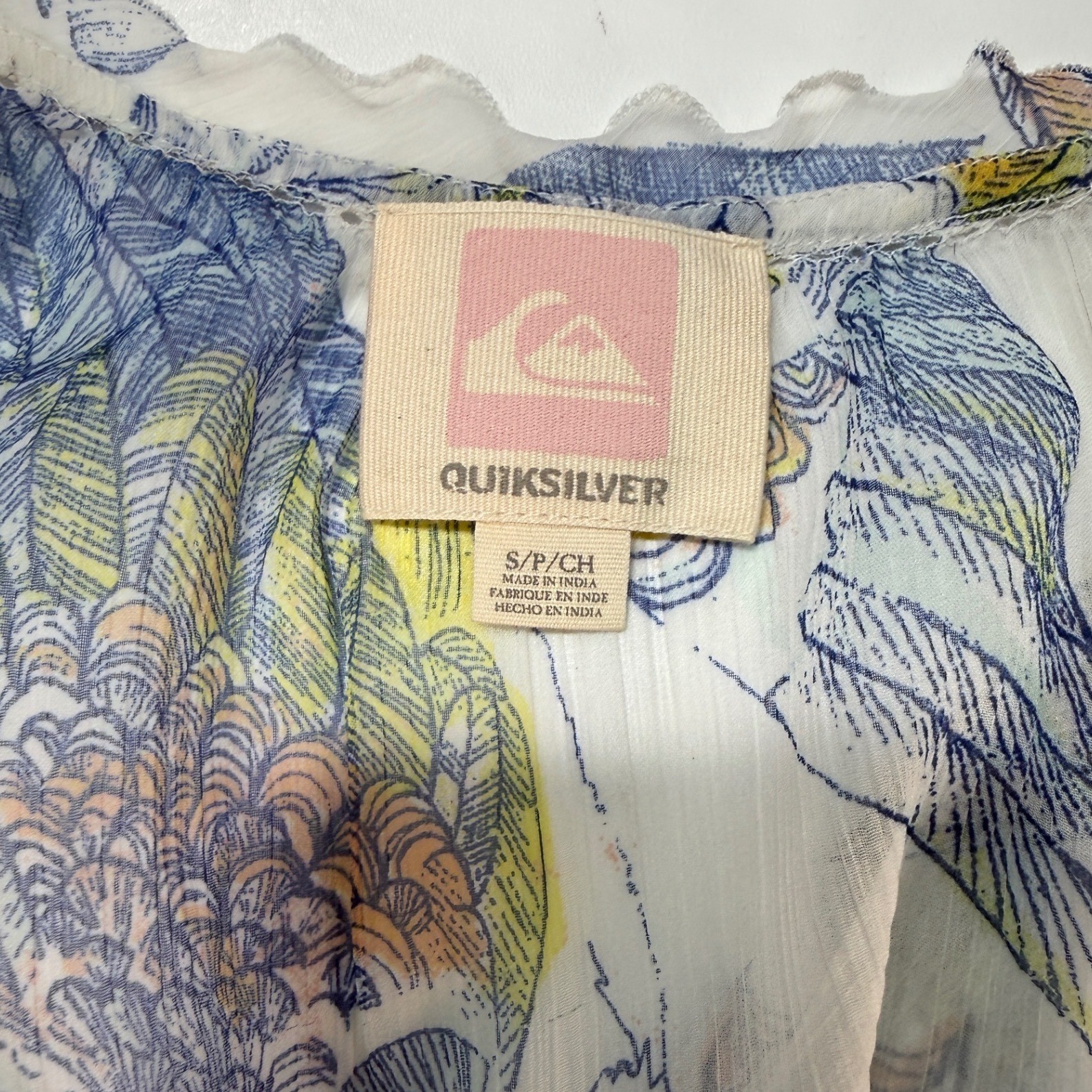 Quiksilver Camisole Women Small White Blue Yellow Bird Print Pintuck Boho Beach