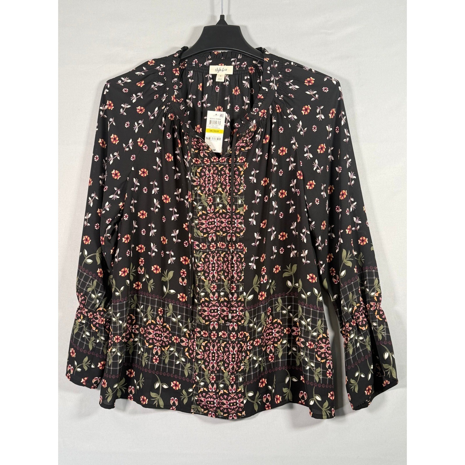 Style & Co Boho Remix Floral Split Neck Blouse Black Medium 100024562 NEW