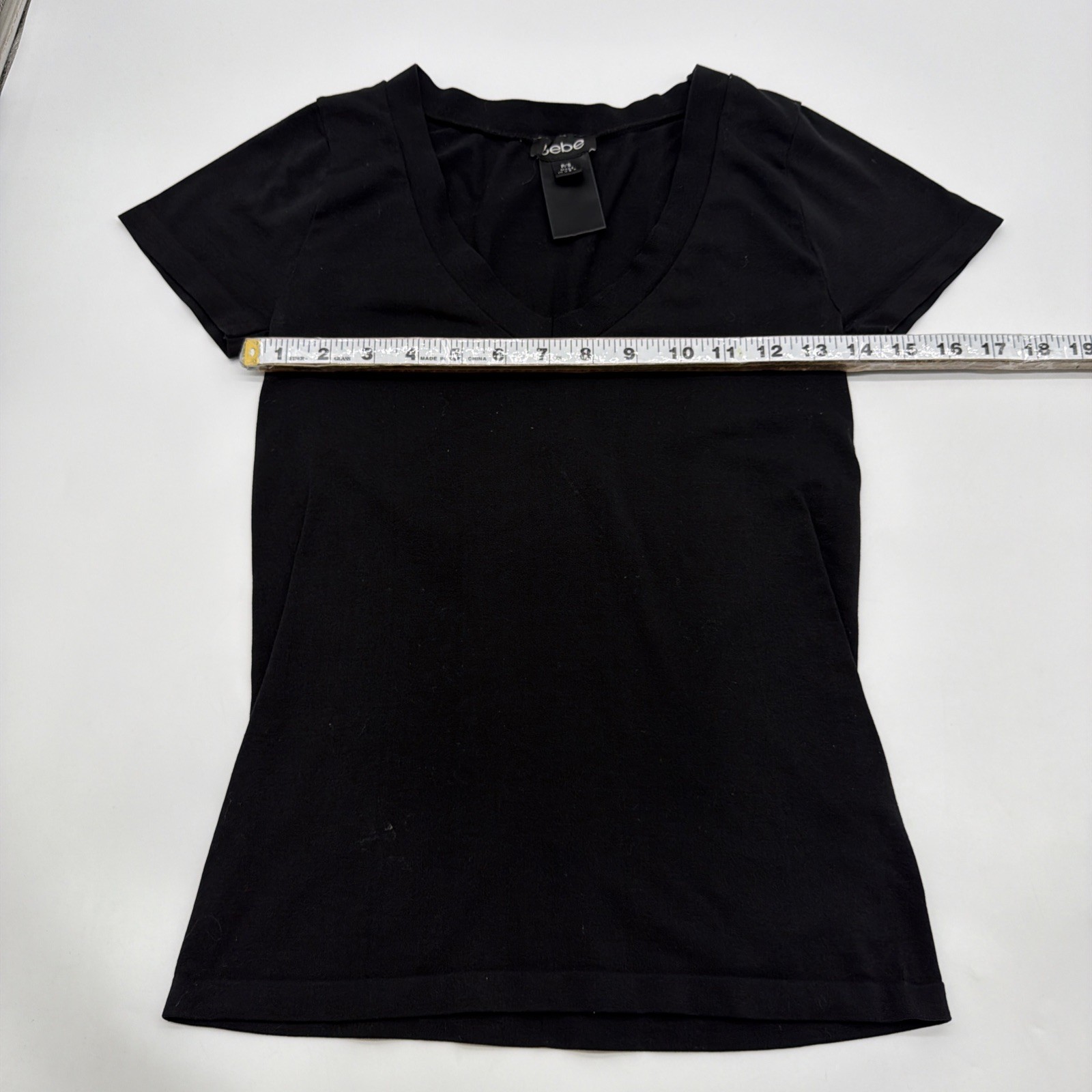 Bebe T-shirt Women P/S Black Solid V-Neck In USA.#45308