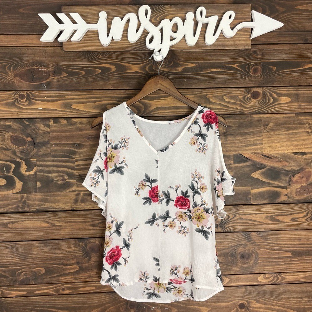 Floral Cold Shoulder Blouse V-Neckline Top