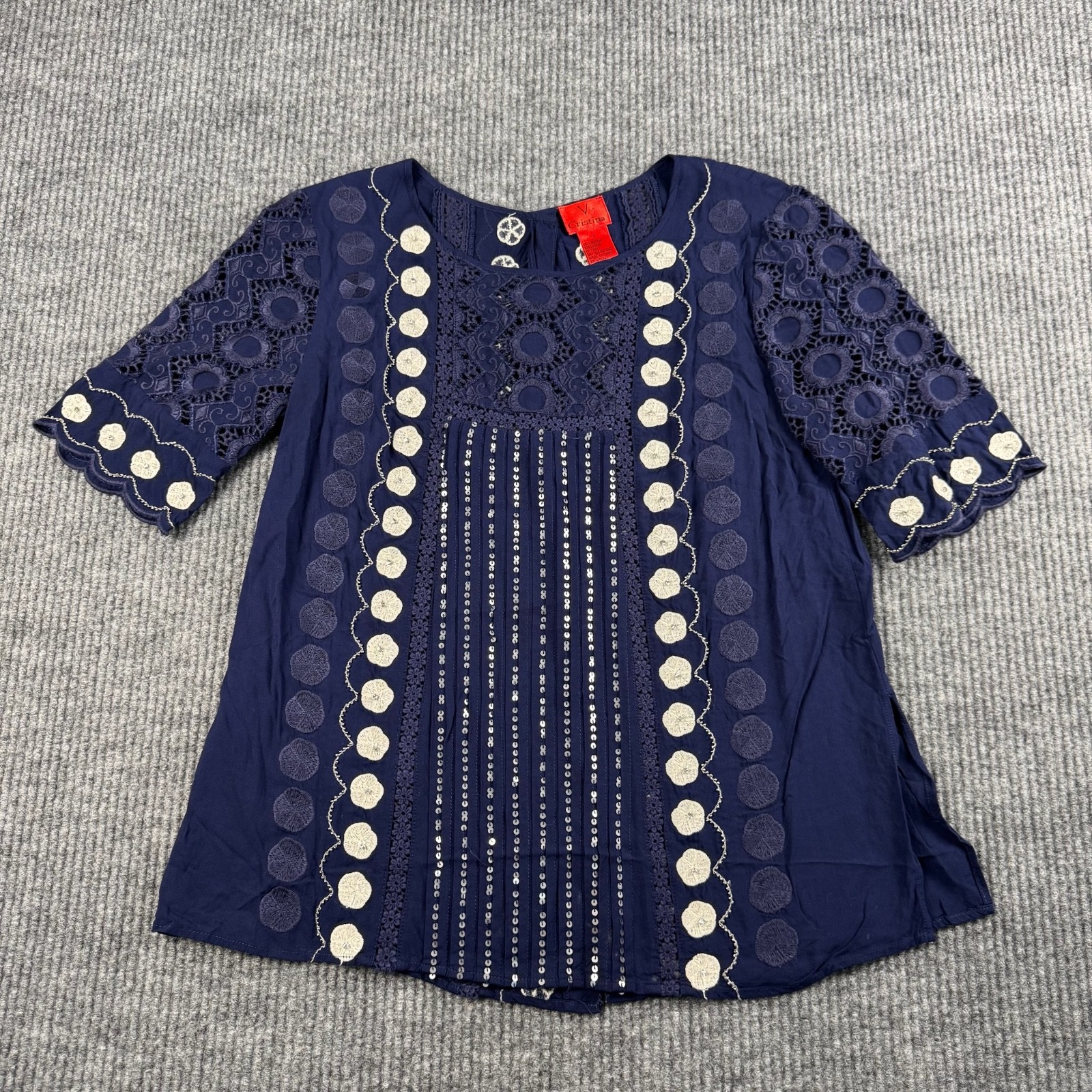 V Cristina Blouse Womens S Button Back Blue Embroidered Sequins Boho Romantic