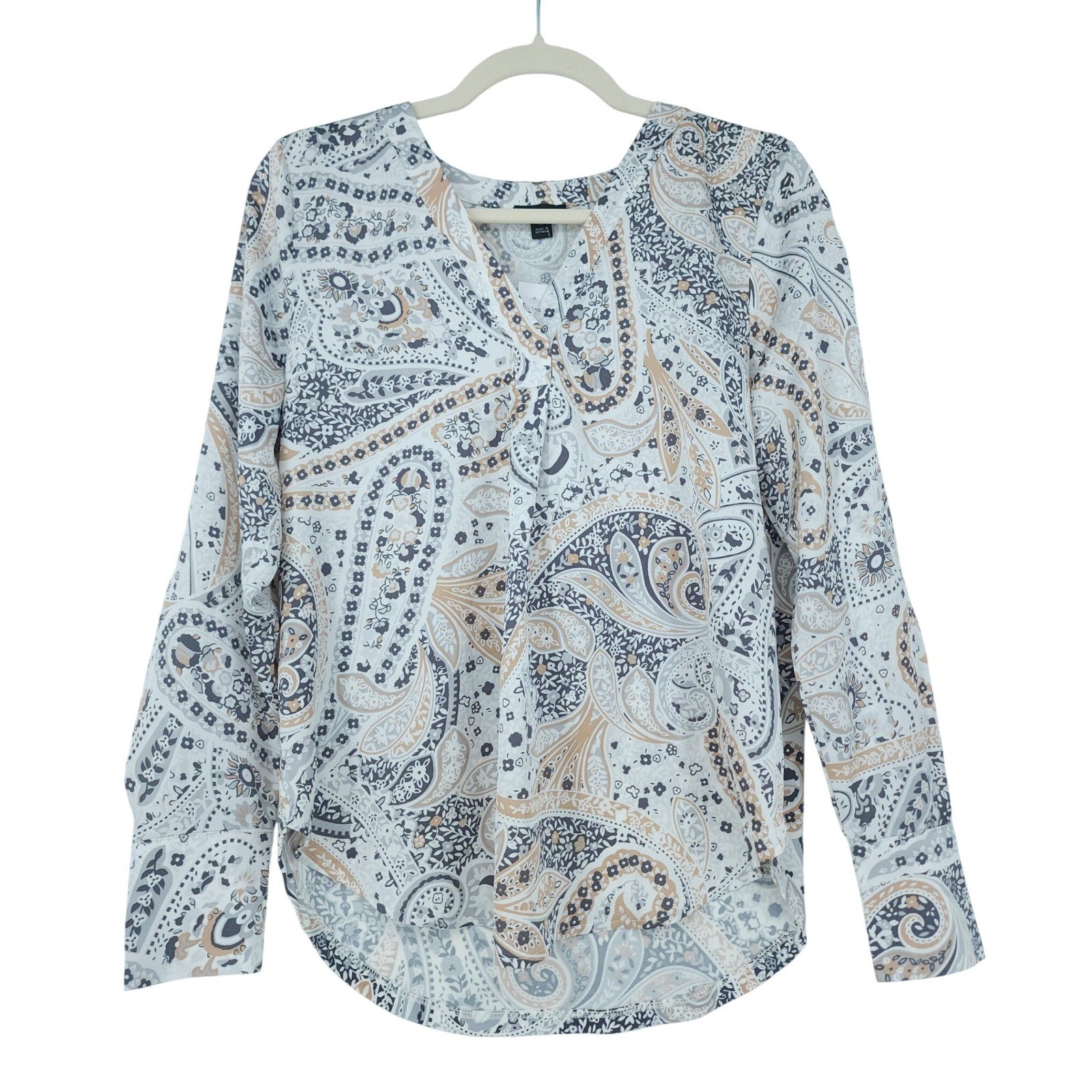 NWT Ann Taylor Satin Button Up Blouse Womens XS White Boho Paisley Luxury Career