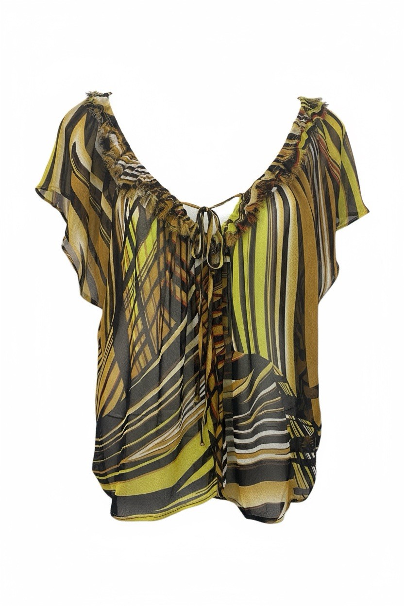Caroline K Morgan Abstract Stripped Sheer Cover Up Top In Green & Black Size 10