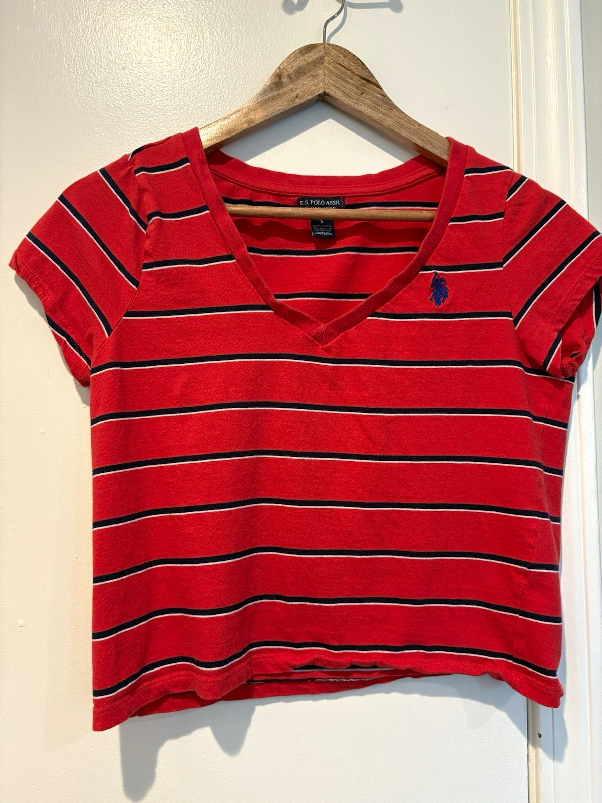 Preppy U.S. Polo Assn. Red & Navy Striped V-Neck Cropped Embroidered Logo Tee