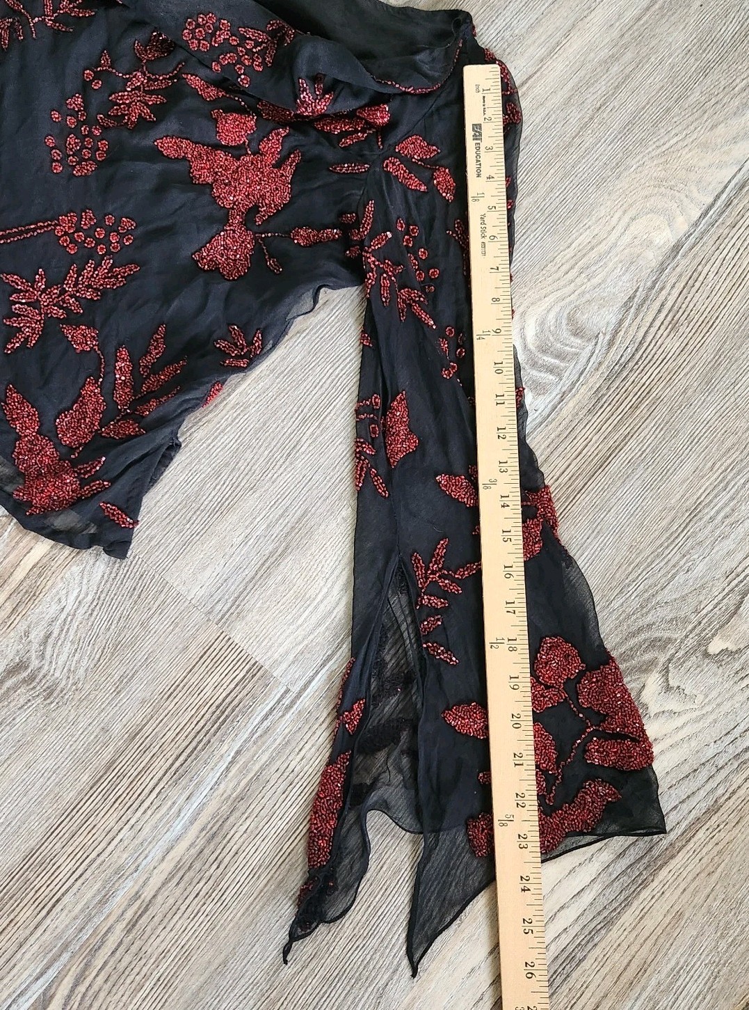 Marina Bresler Silk Beaded Drape Neck Bell Sleeve Top M Black Red Goth Boho Y2K