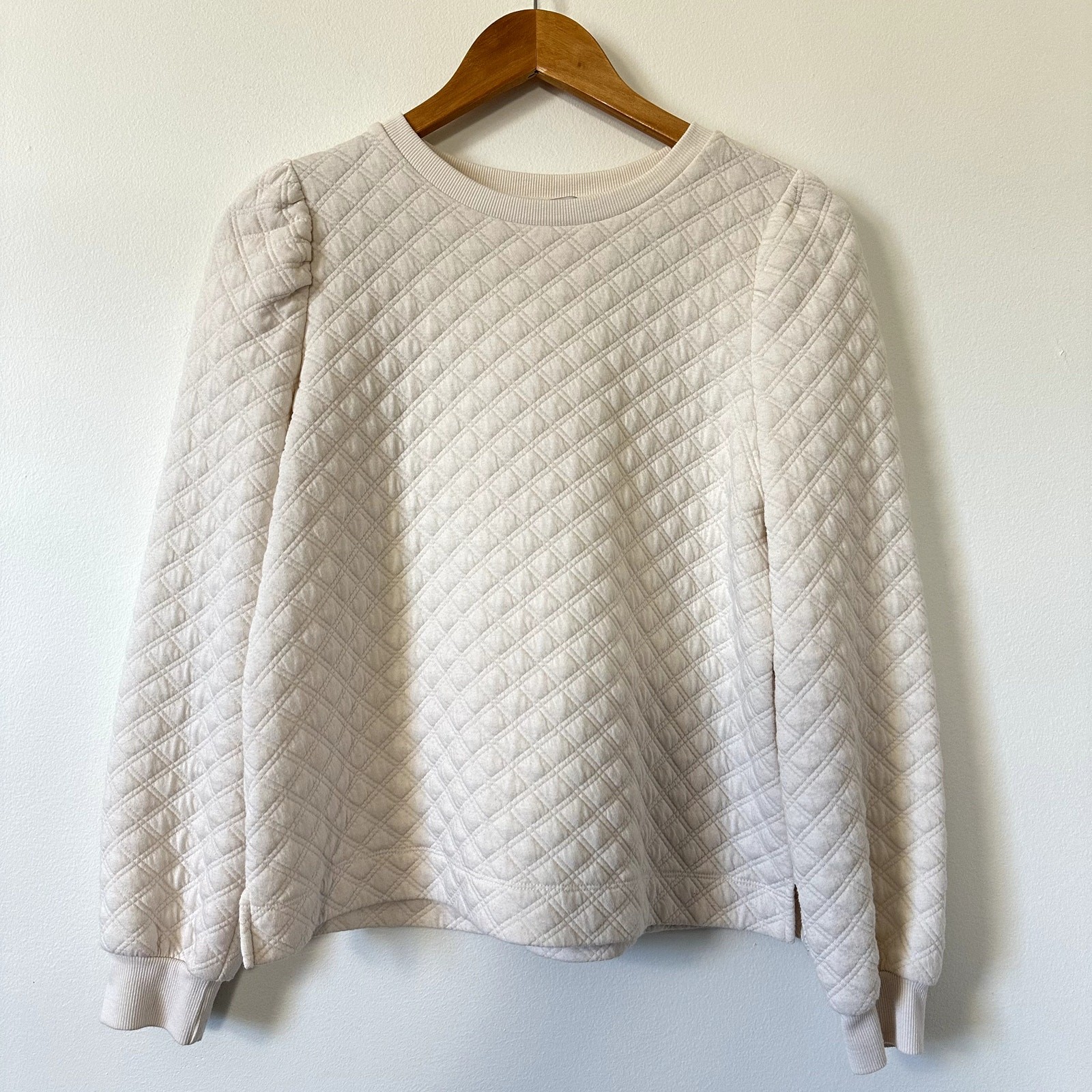 LOFT Quilted Puff Sleeve Top Blouse Long Sleeve Petite S Ivory White Minimalist