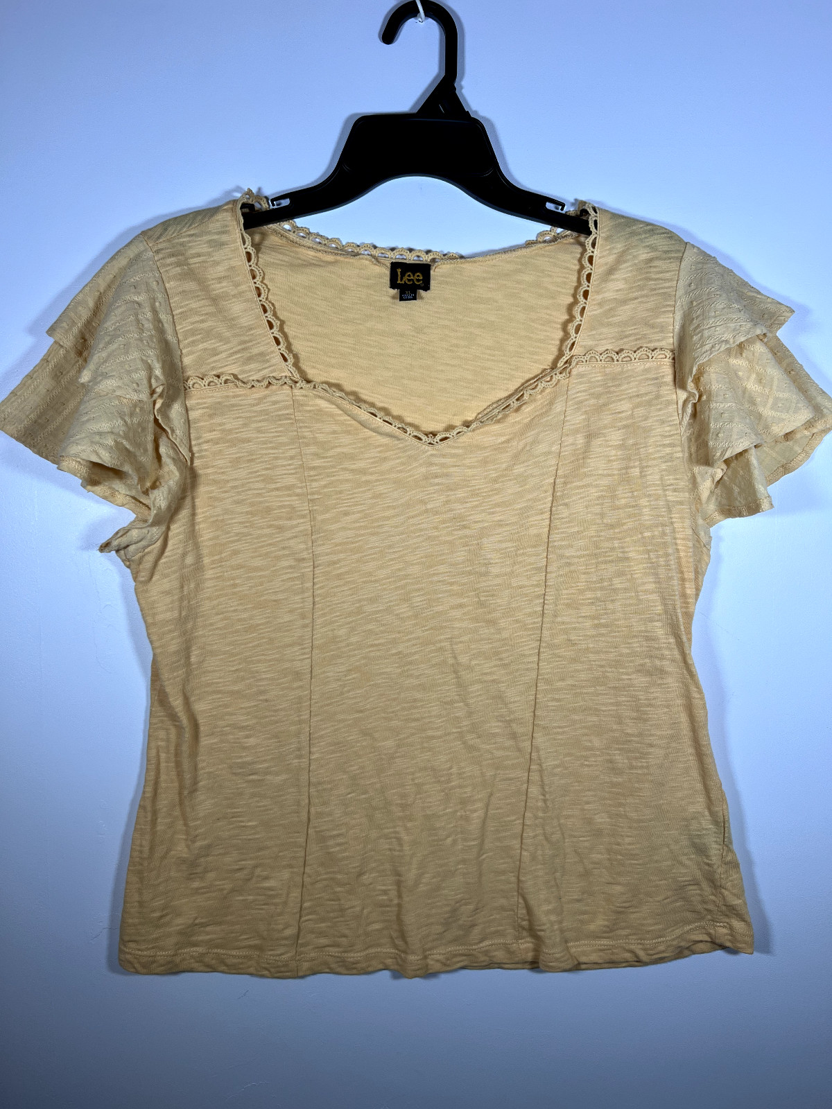 Lee Top Ruffle Arms Yellow V-Neck Lace Trim Womens Size XL