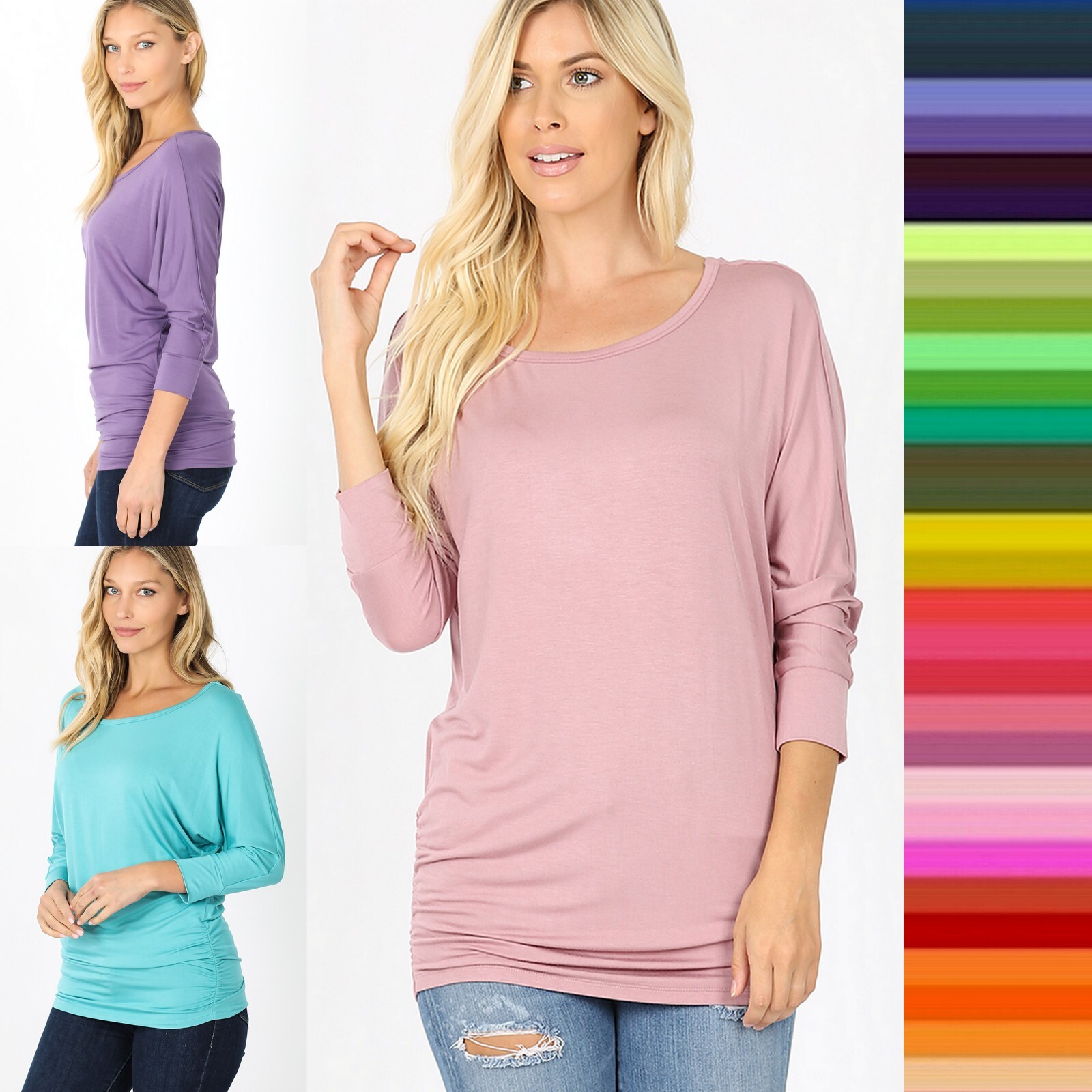 Women’s 3/4 Sleeve Round Neck Dolman Sleeve Ruched Sides Luxe Rayon Top Blouse