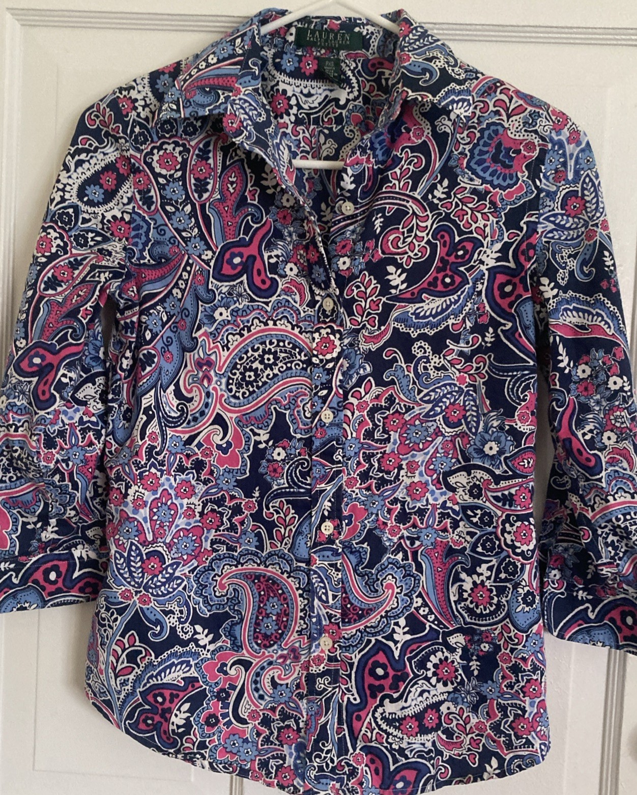 Ralph Lauren Petite Womens Top sz PXS Button Up 3/4 Sleeve Floral 100% Cotton