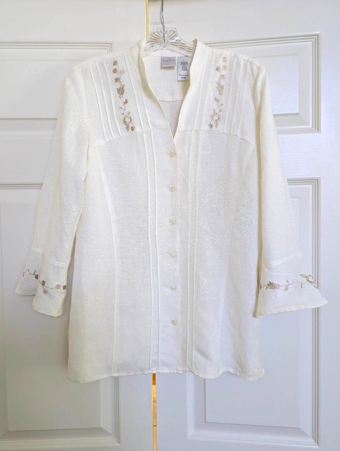 Emma James Linen Blend Shirt Womens Size 8 Embroidery 3/4 Sleeve Buttoned Up