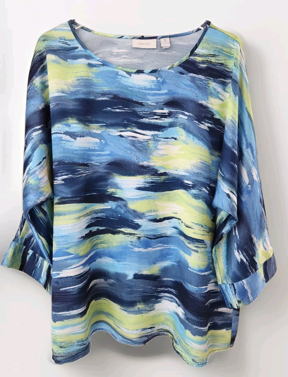 Chicos Satin Blouse 3 XL 16 18 Green Blue Long Sleeve Lightweight Silky Feel