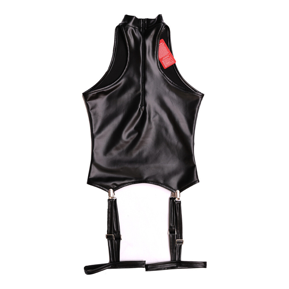 Turtle Neck Latex Vest Tank Tops Caimi Lingerie Suspenders Garters Set Halter