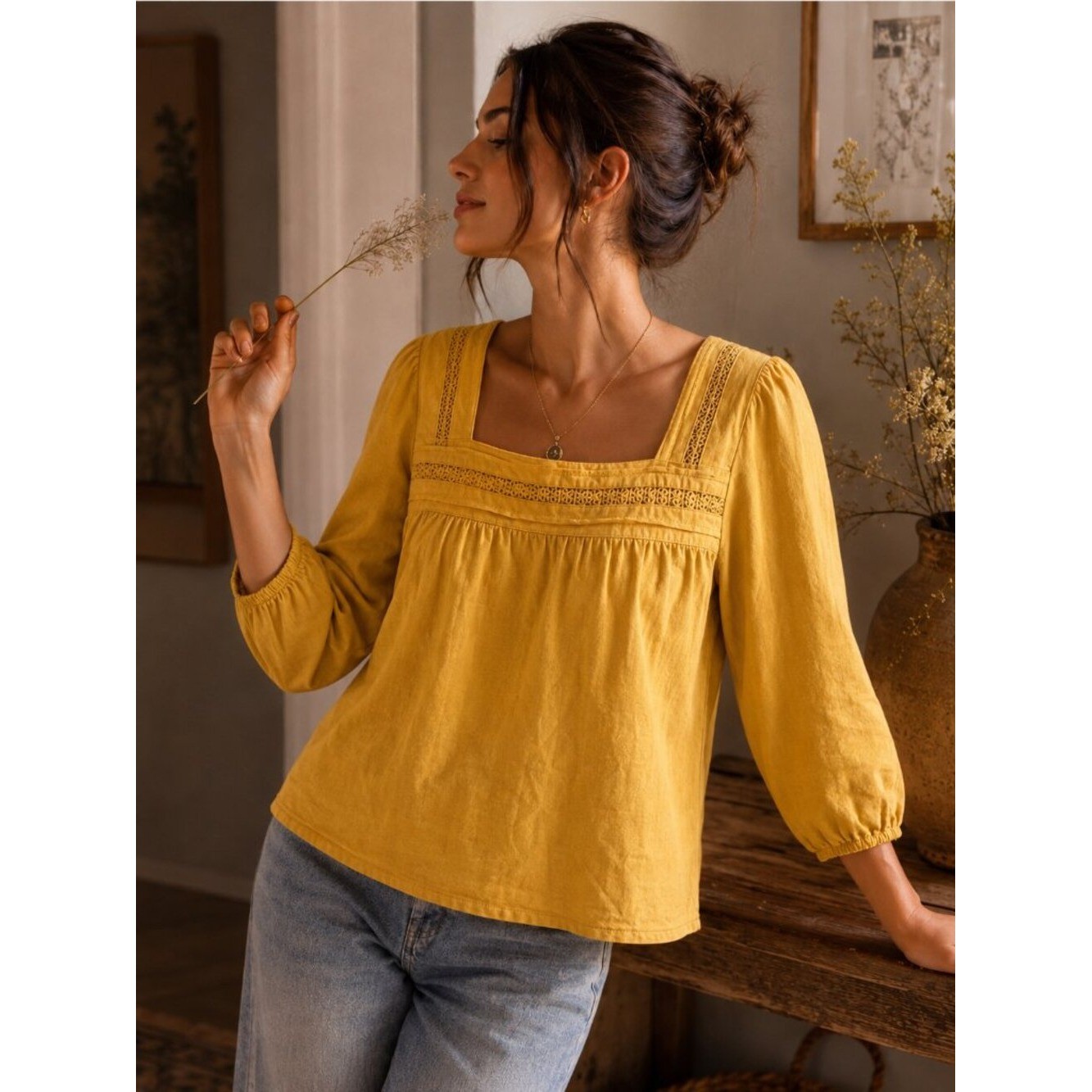 St. John’s Bay 100% Cotton Mustard Yellow Square-Neck Peasant Blouse Size Small