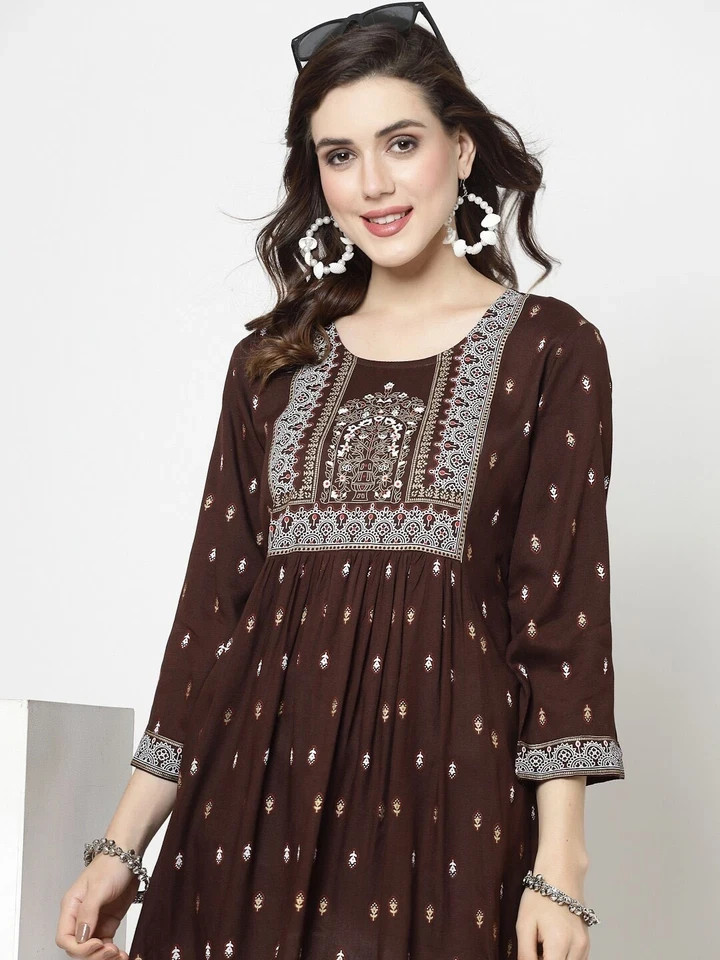 Indian Women Rayon Coffee Brown Floral Printed Top Tunic Kurta Kurti New Dress