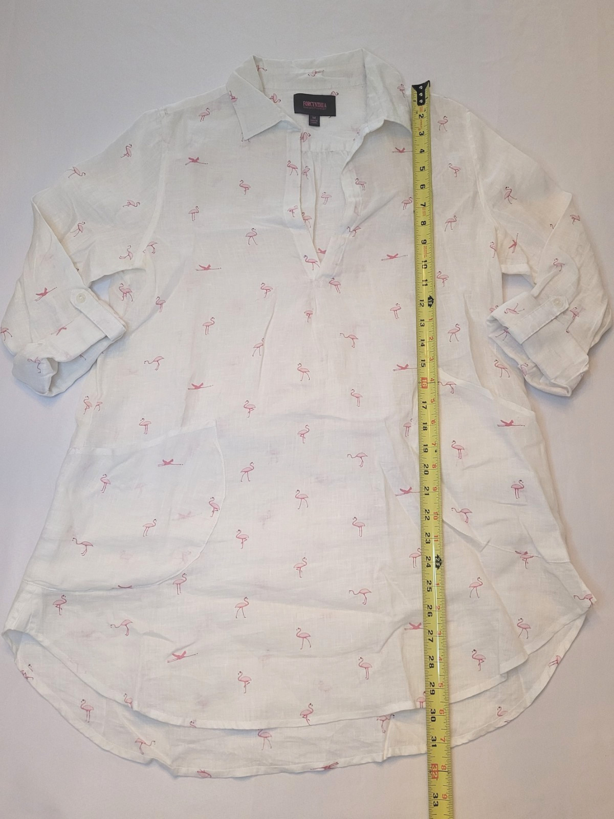 Forcynthia Beachwear 100% Linen White Flamingo Tunic | Women Size M | Secondhand