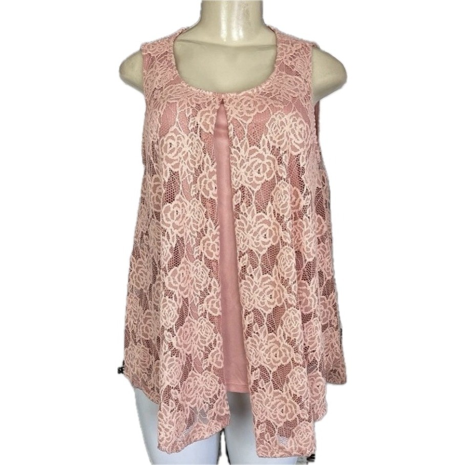 Brittany Black L Dusty Rose Floral Lace Open Front Overlay Sleeveless Blouse