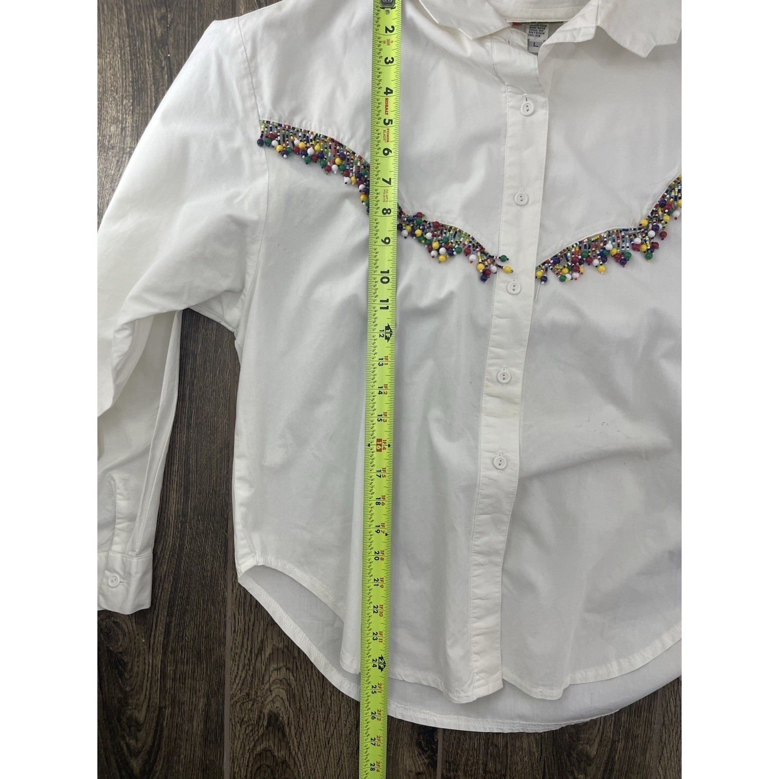 Vintage 90s Beaded Button Up Shirt Women’s L White Fringe Western Funky Boho