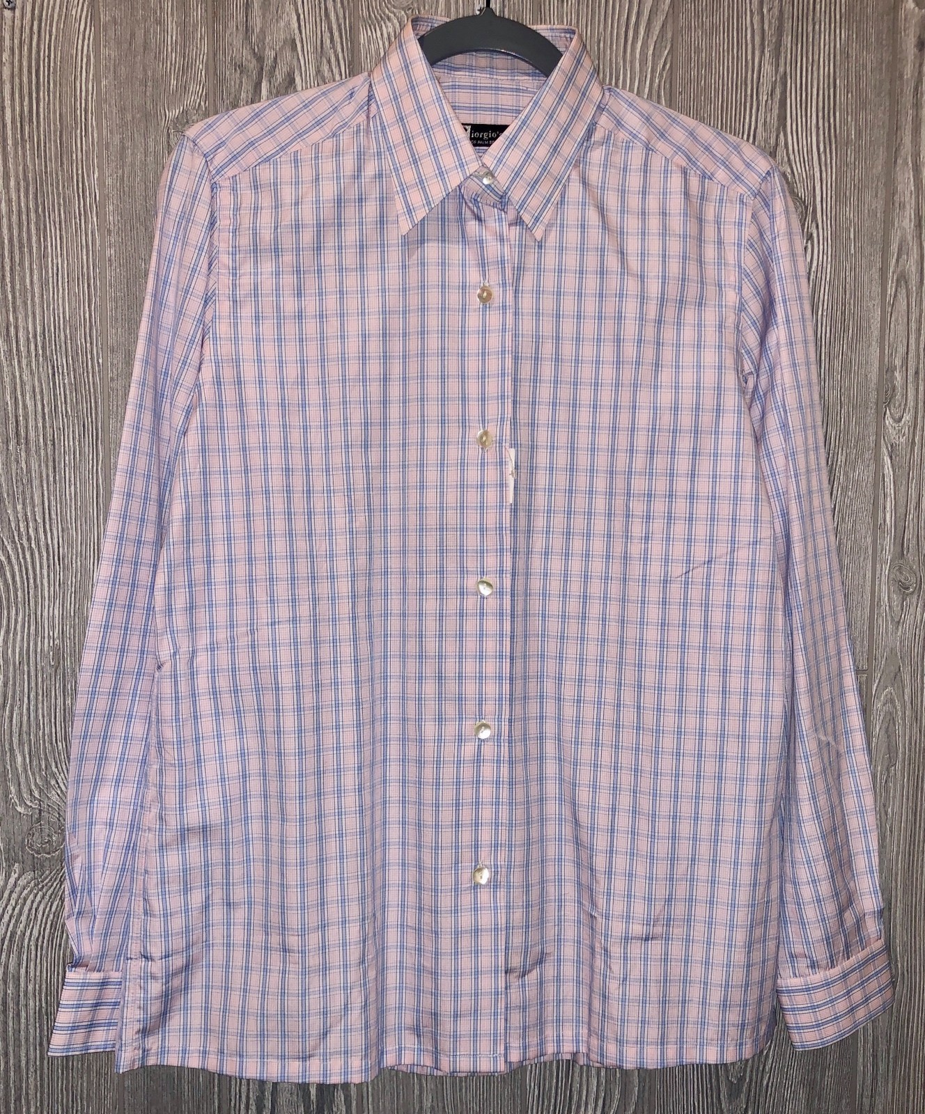 GIORGIOS Palm Beach Pink Blue White Plaid L/S Cotton Dress Shirt NEW Womens Sz L