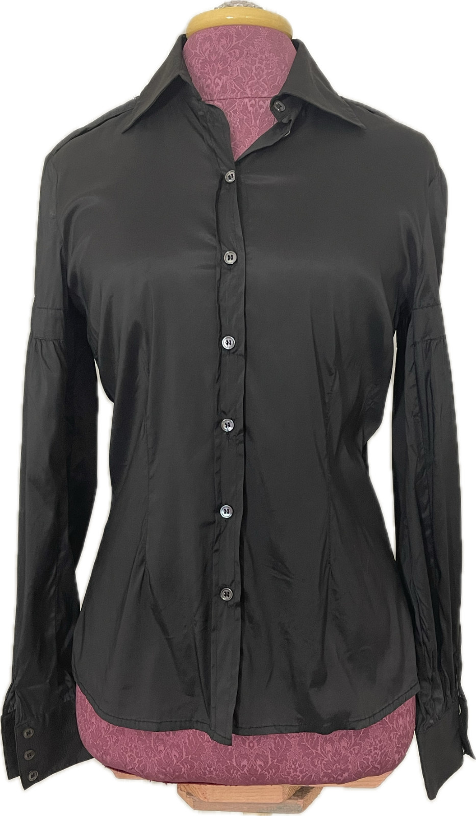 Hybris Italy Woman Blouse Black Button Front Stretch Shirt Size M $420