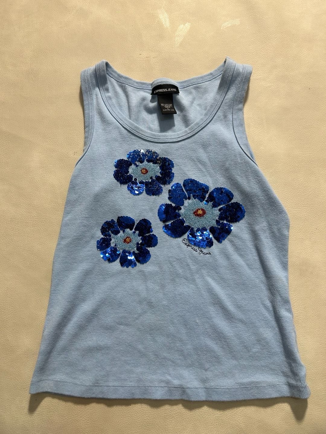 Express Jeans Women’s Light Blue Ribbed Tank Top with Sequin Flower Detail