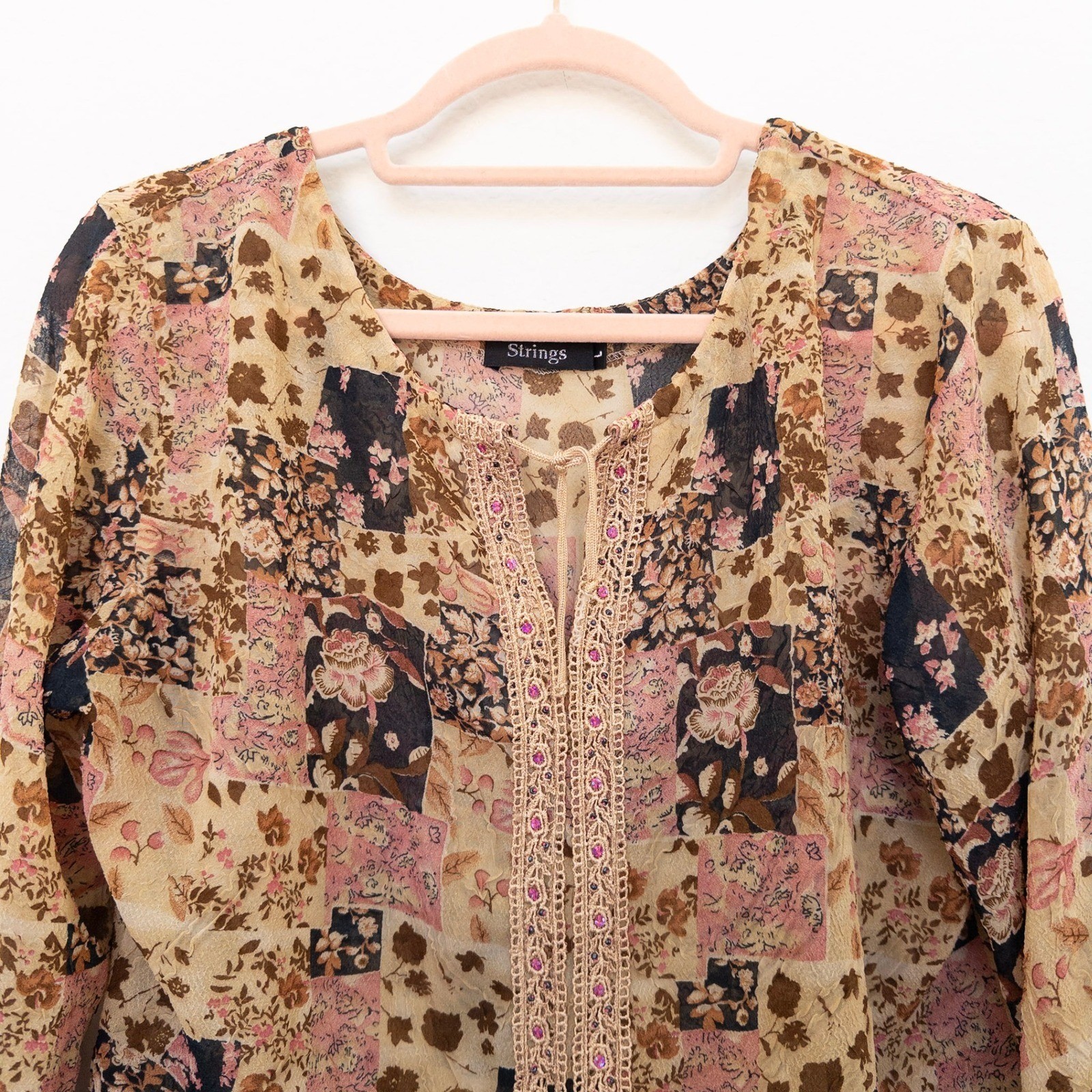 Womens Patchwork Floral Blouse Large Multicolor Lace Beaded Boho Cottage Retro