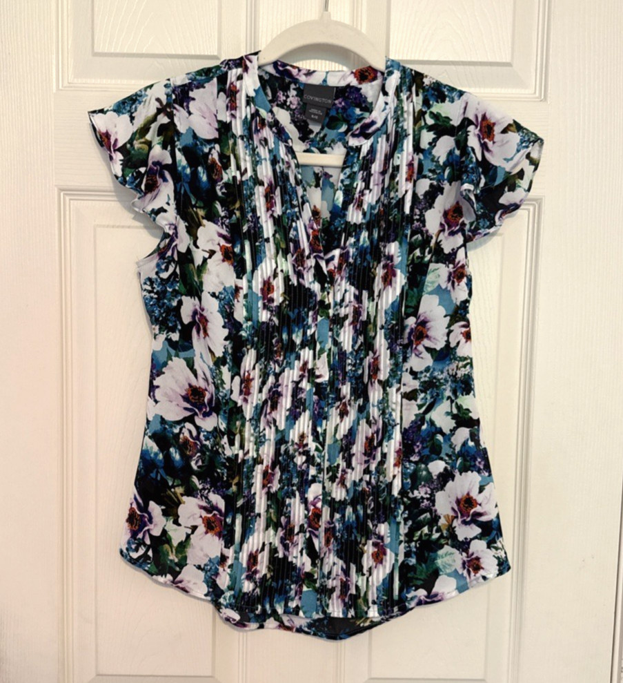 Covington Floral Pintuck Blouse Hidden Button Front Women’s Small S/C