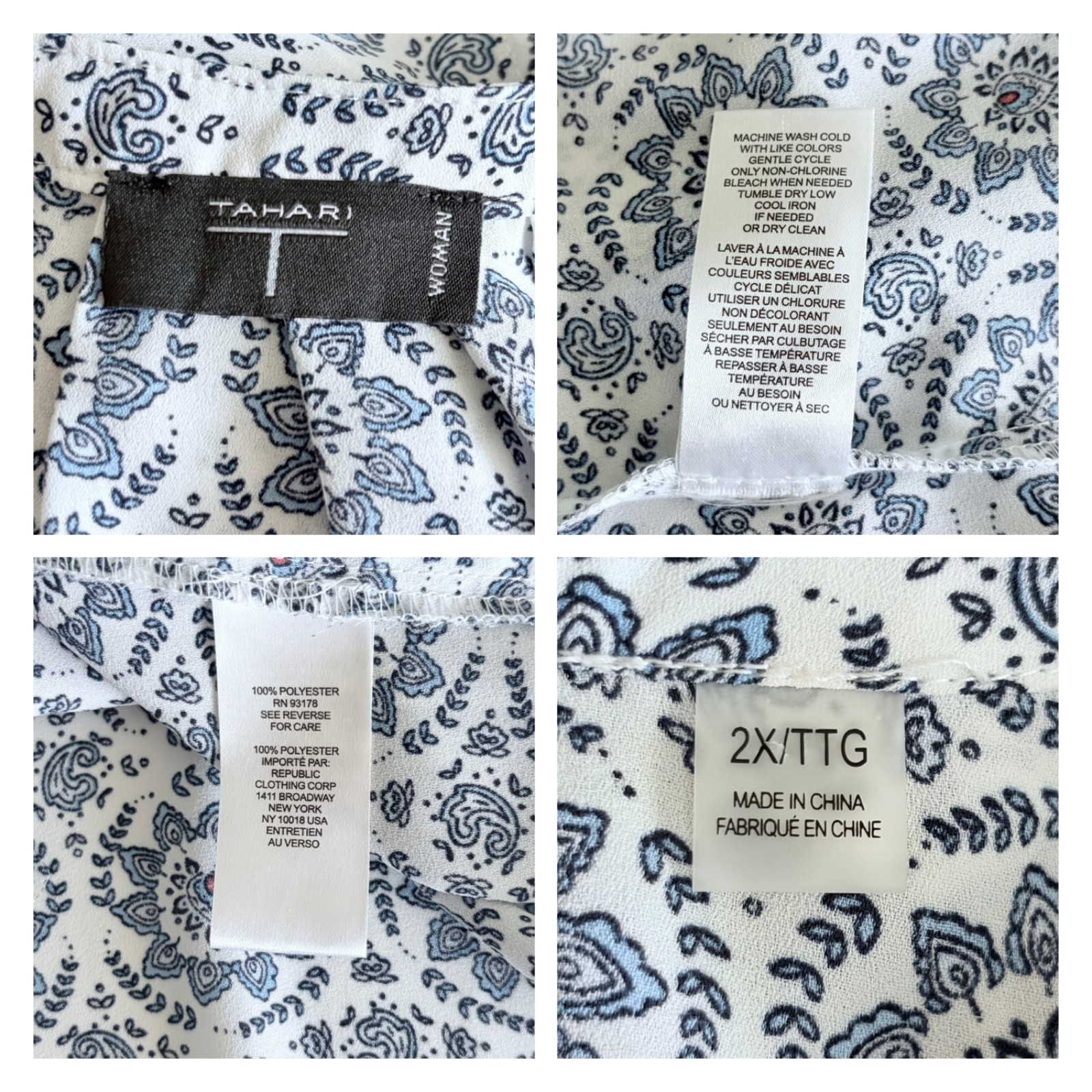Tahari T Woman Plus 2X Blouse White Blue Paisley Medallion Tunic 3/4 Sleeve Top