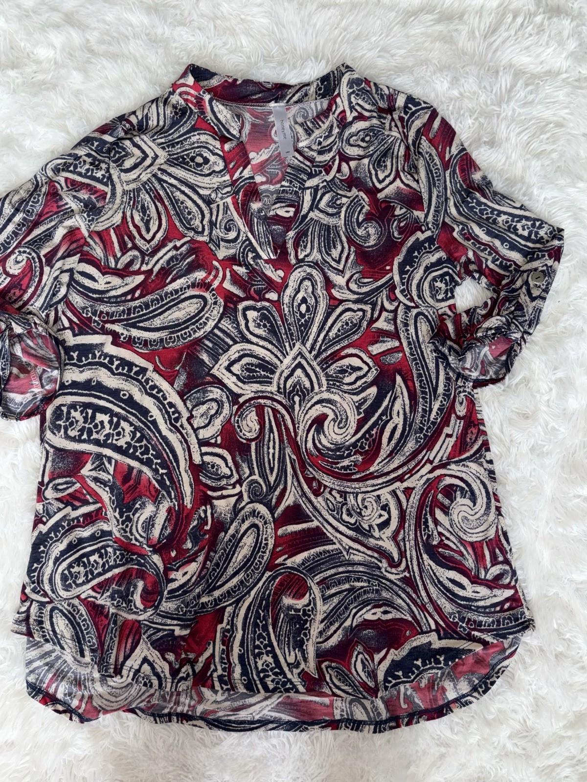 HoneyMe Women’s M Blue/red Design Roll Sleeved Tunic Blouse. Pretty, Comfortable