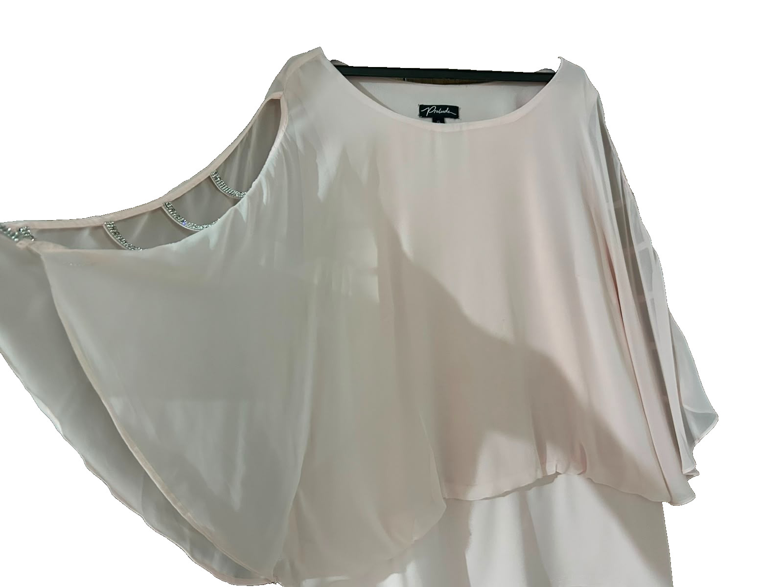 Prelude Blush Pink Rhinestone Ladder Cold Shoulder Chiffon Layered Blouse XL