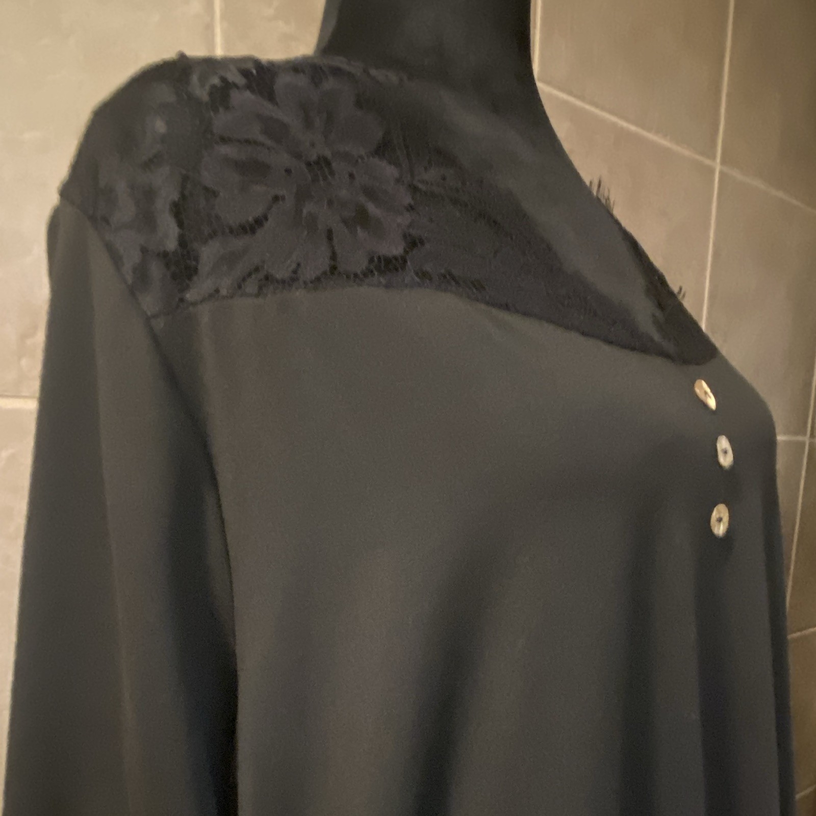 Women’s Plus 4XL Black Solid Lace Yoke Scoop Neck 3/4 Sleeve Button Blouse