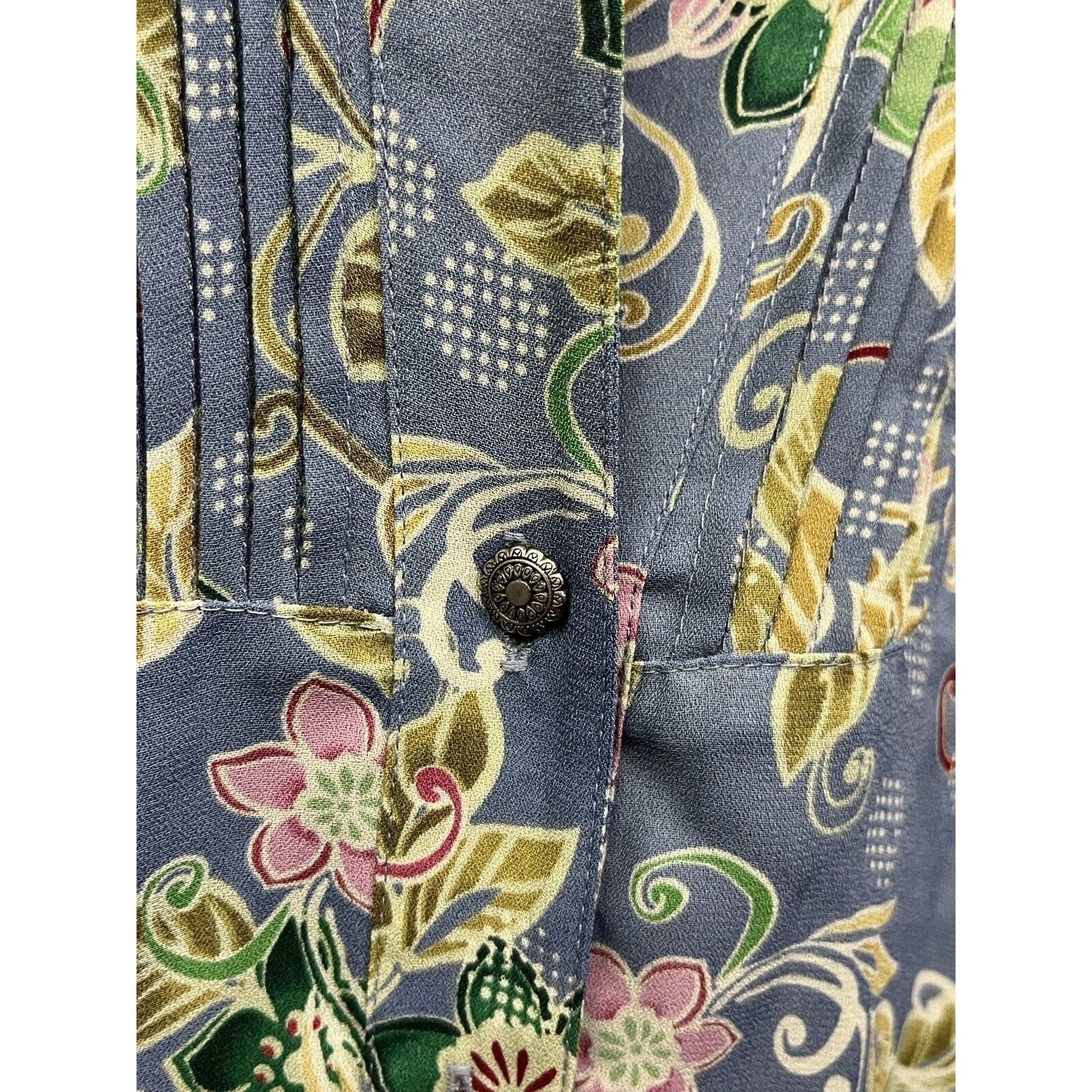 Madison Studio Blouse Womens 8 Blue Floral Pintuck Pleated Button Up Long Sleeve