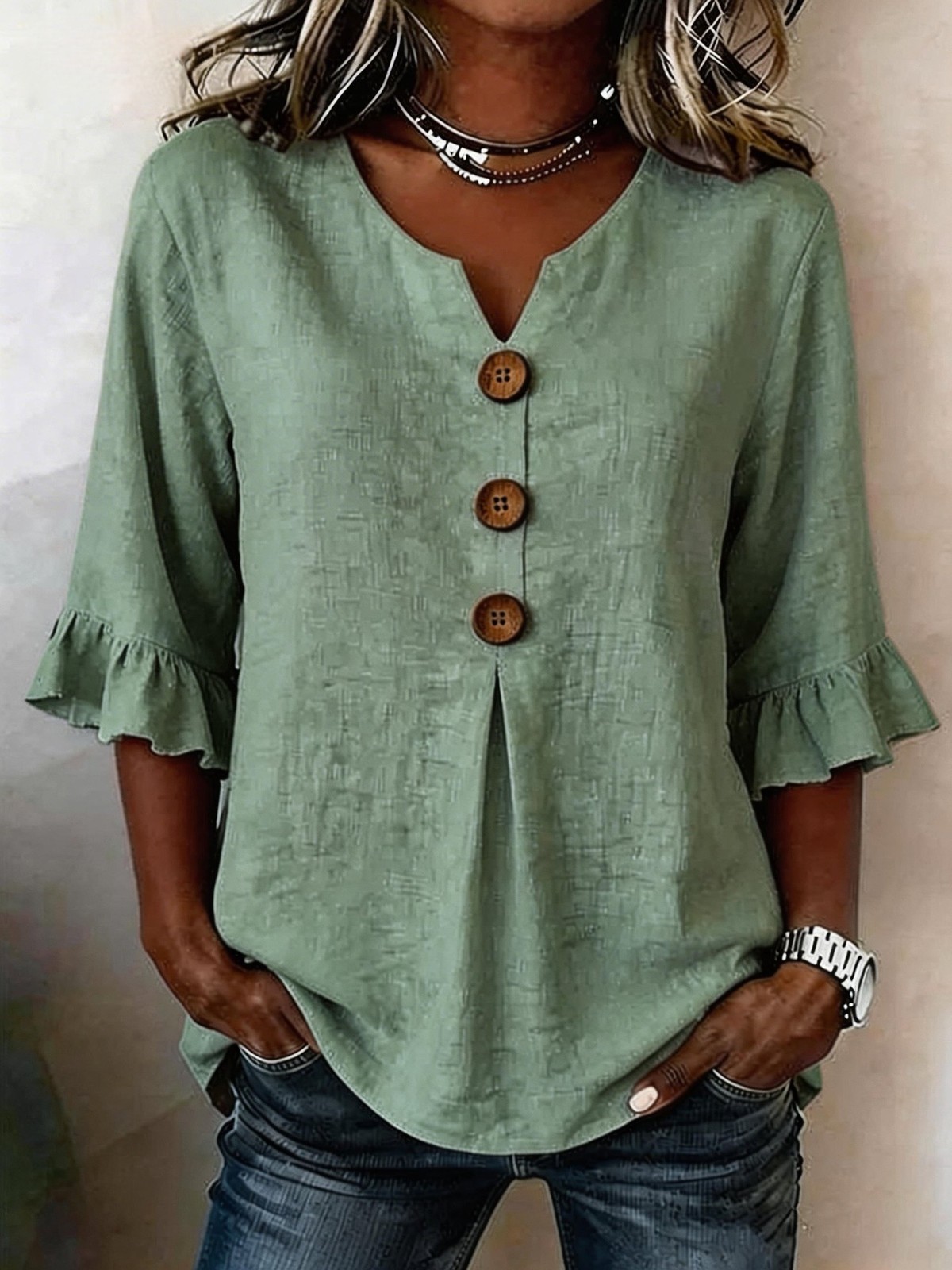 Summer Ruffled-Sleeve Top Loose Casual V-Neck Buttons Short-sleeved Shirts Women